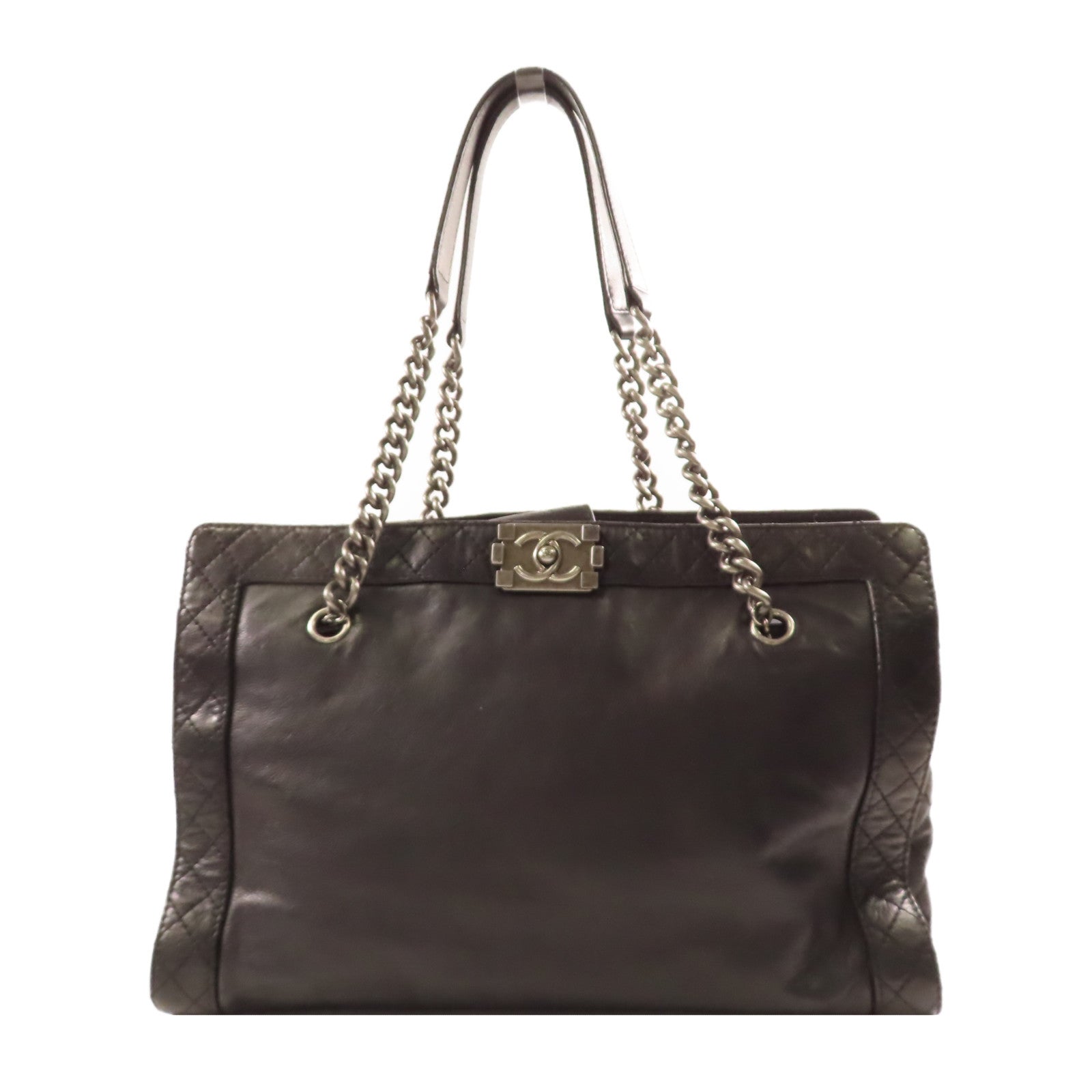 CHANEL 牛皮皮革Chain Shoulder銀扣肩背袋黑色