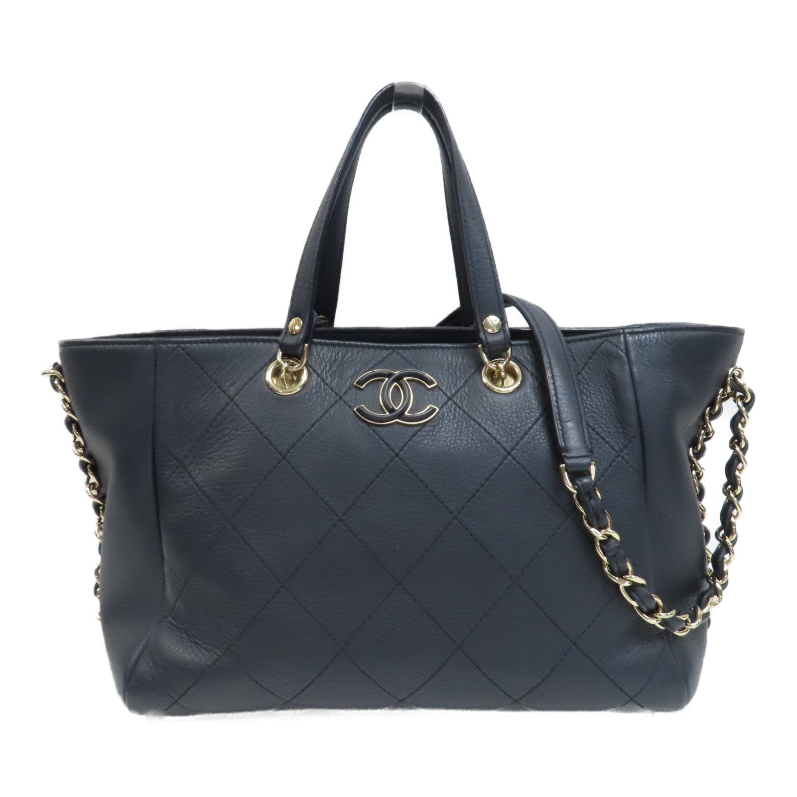 CHANEL 菱格牛皮皮革Shopping Tote銀扣手挽肩背兩用袋深藍色