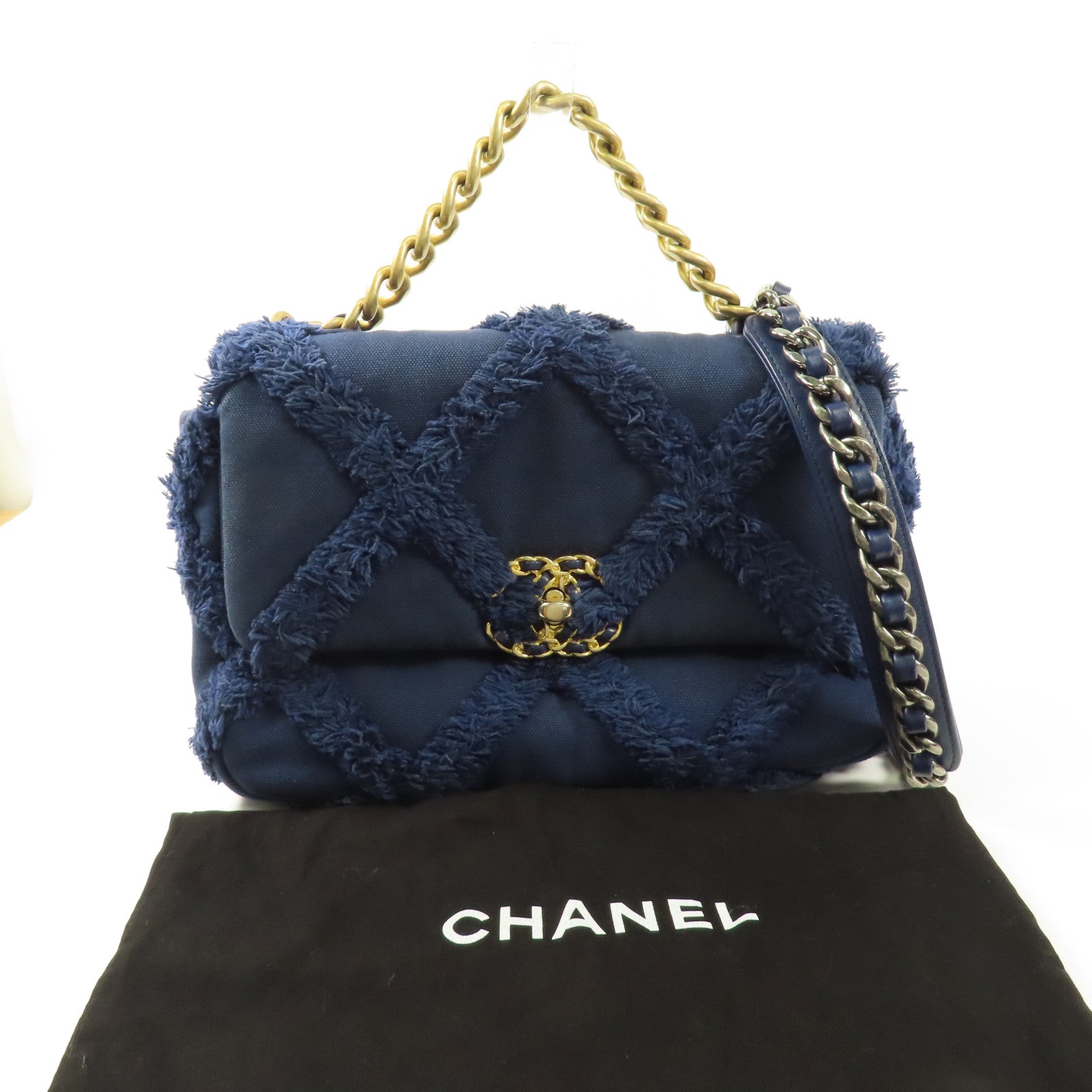 CHANEL 【激減優惠】帆布Chanel 19金扣鏈帶手挽肩背兩用袋