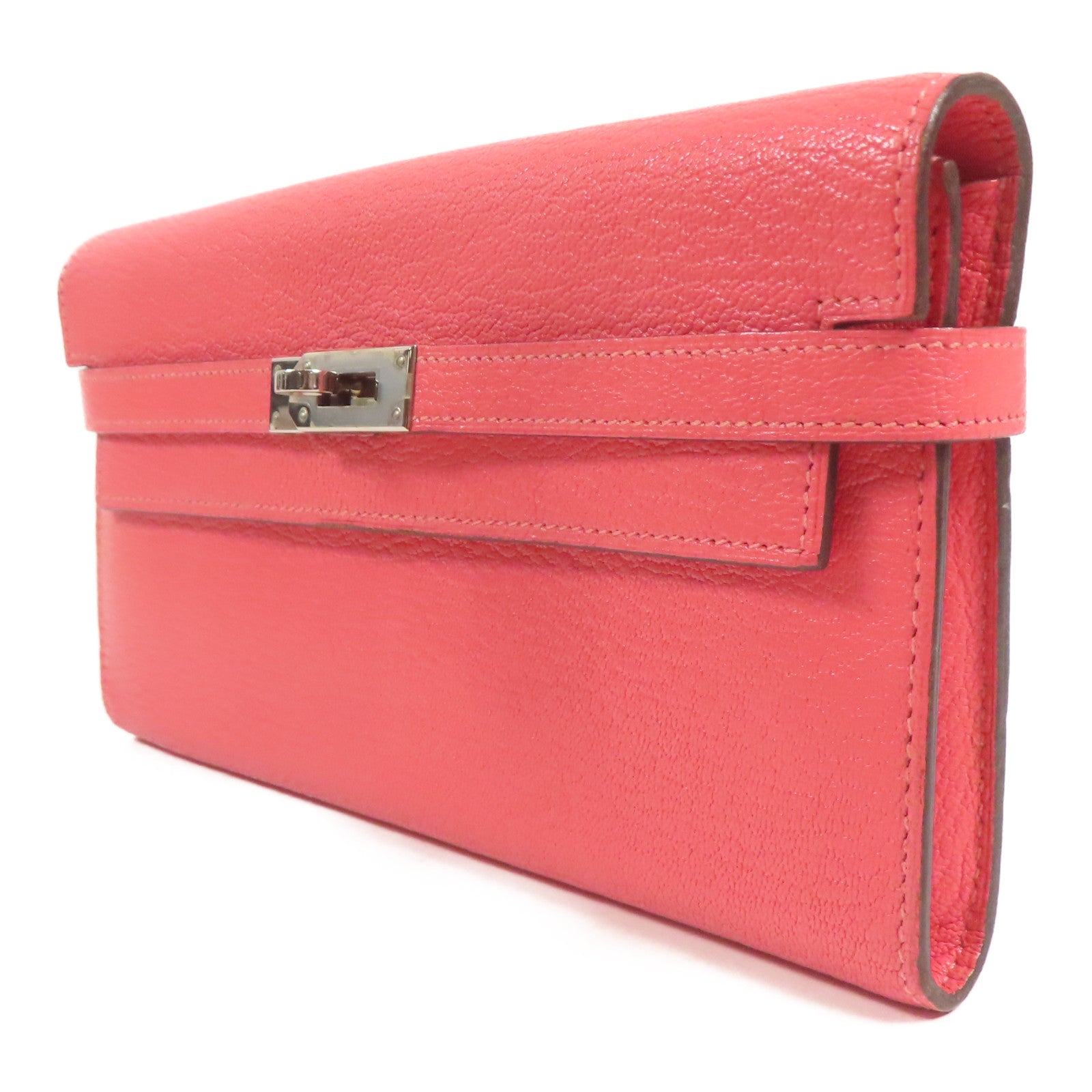 HERMES Chevre皮革Kelly Wallet銀扣長錢包Rose Lipstick