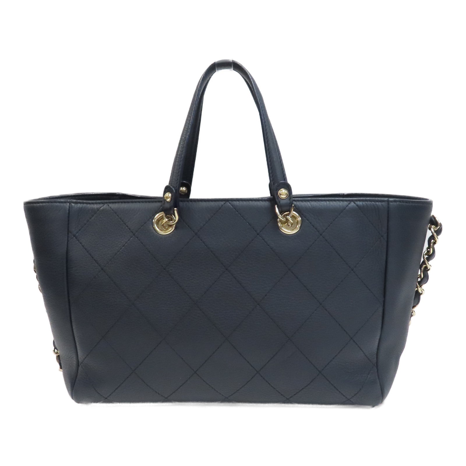 CHANEL 菱格牛皮皮革Shopping Tote銀扣手挽肩背兩用袋深藍色