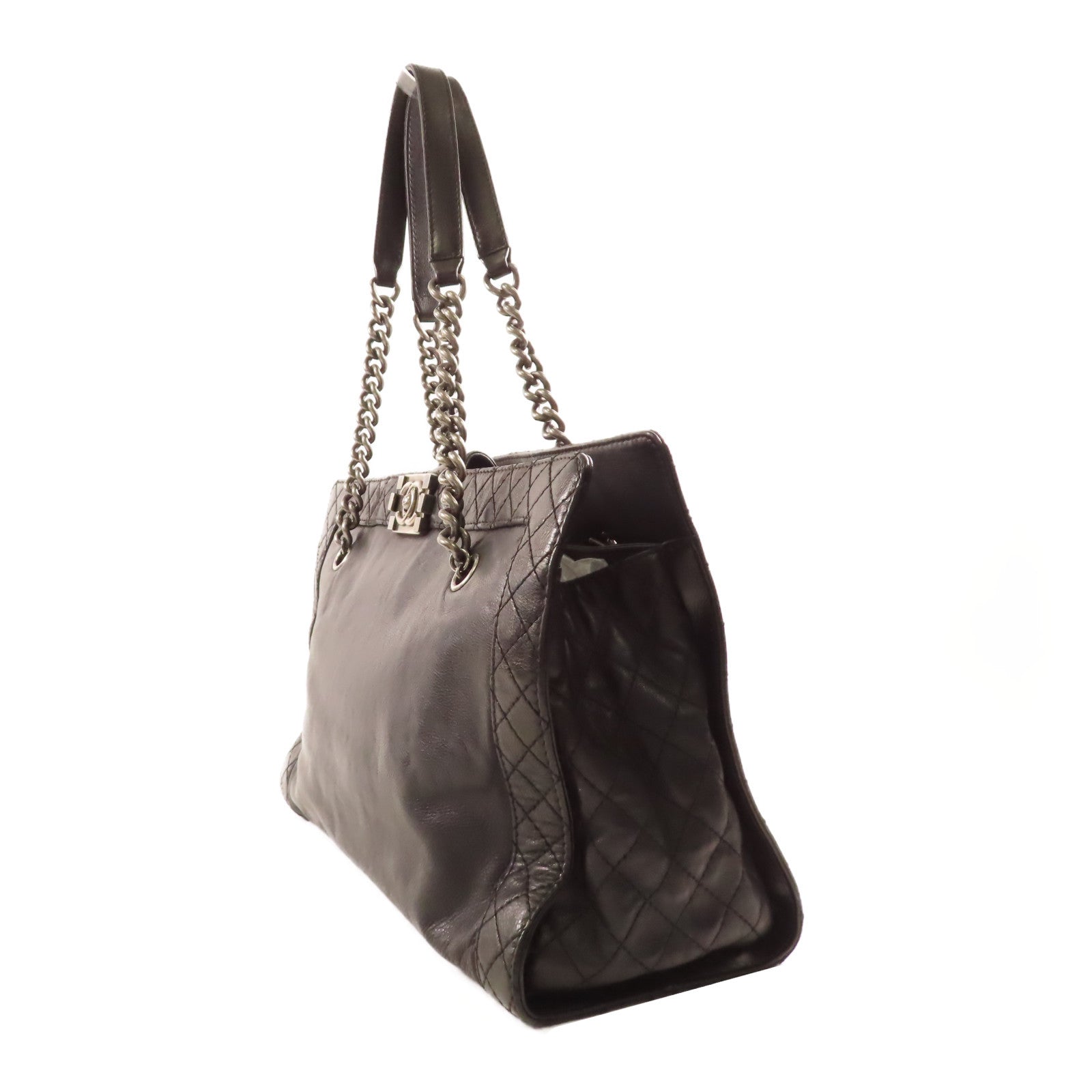 CHANEL 牛皮皮革Chain Shoulder銀扣肩背袋黑色
