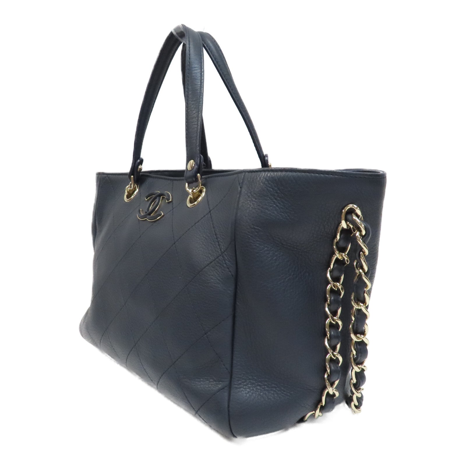 CHANEL 菱格牛皮皮革Shopping Tote銀扣手挽肩背兩用袋深藍色