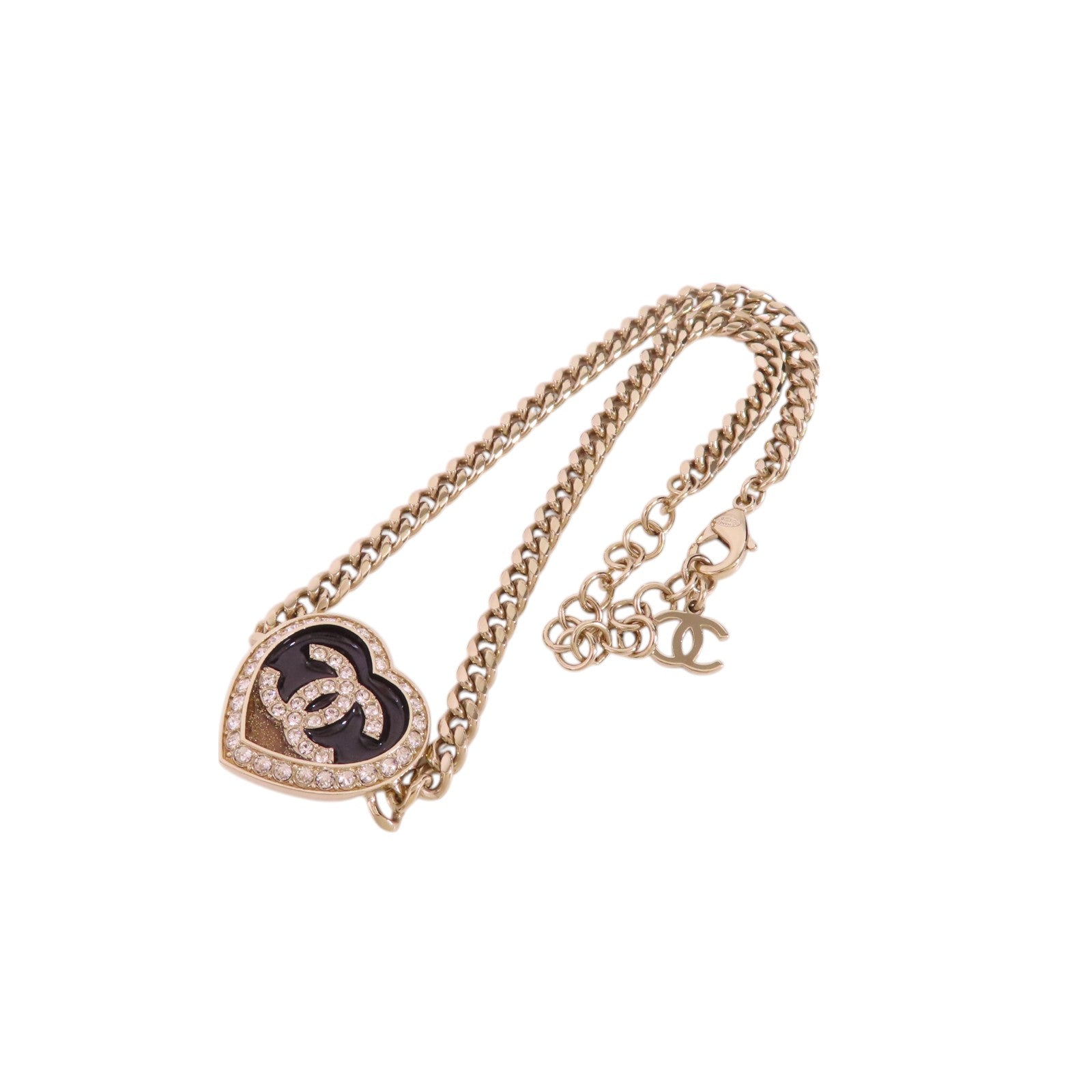 CHANEL 金屬/水鑽Heart Necklace金扣項鏈