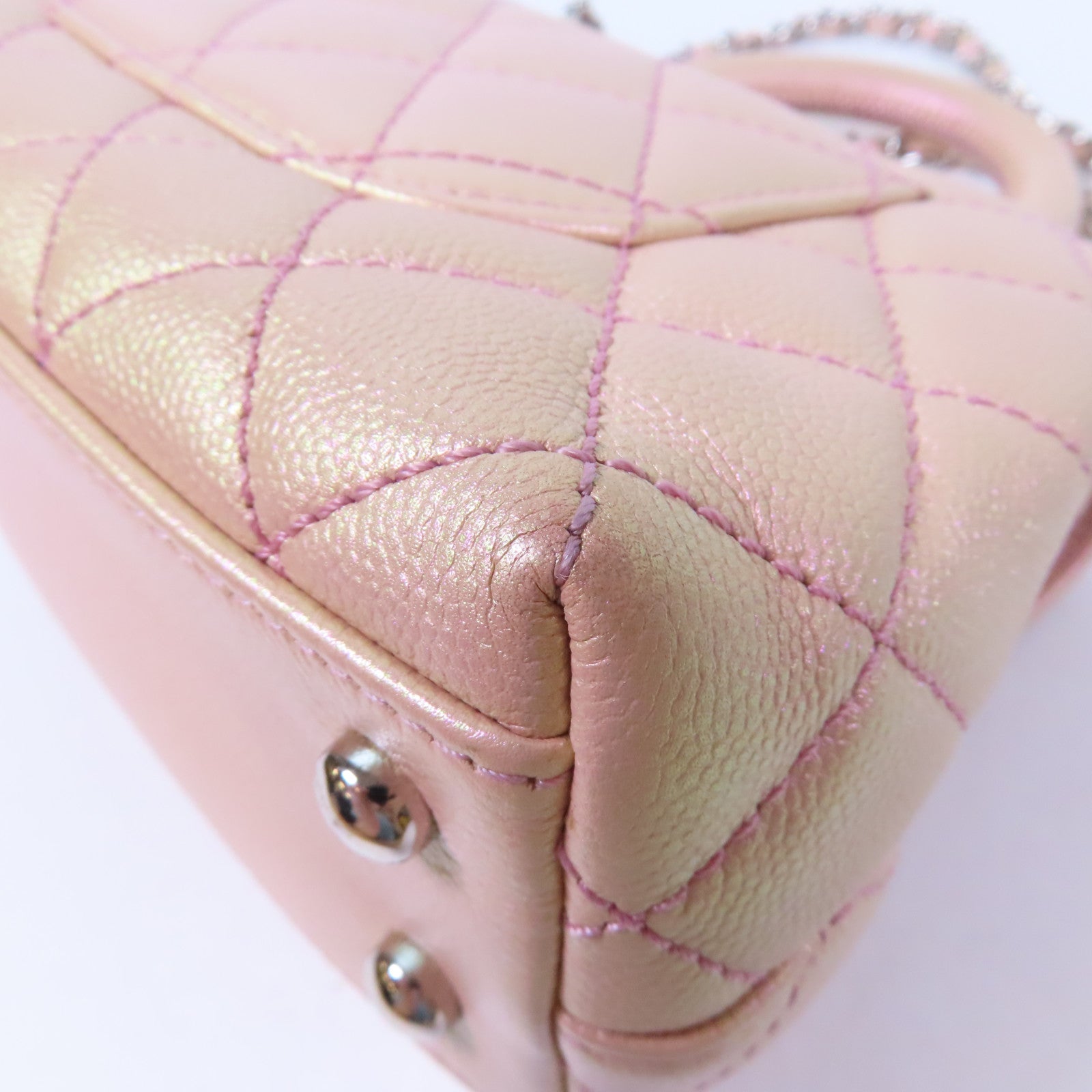 CHANEL 菱格Caviar皮革Mini Coco Handle銀扣鏈帶手挽肩背兩用袋粉紅色