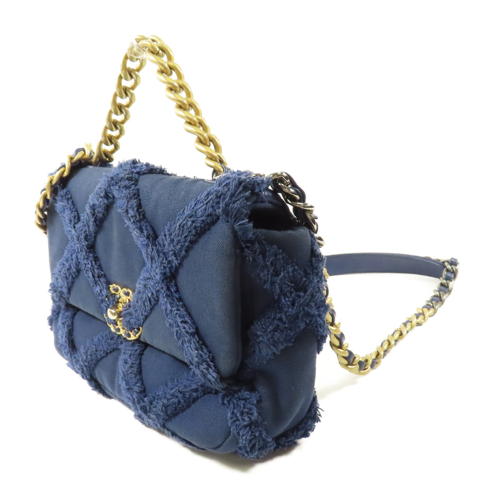 CHANEL 帆布Chanel 19金扣鏈帶手挽肩背兩用袋