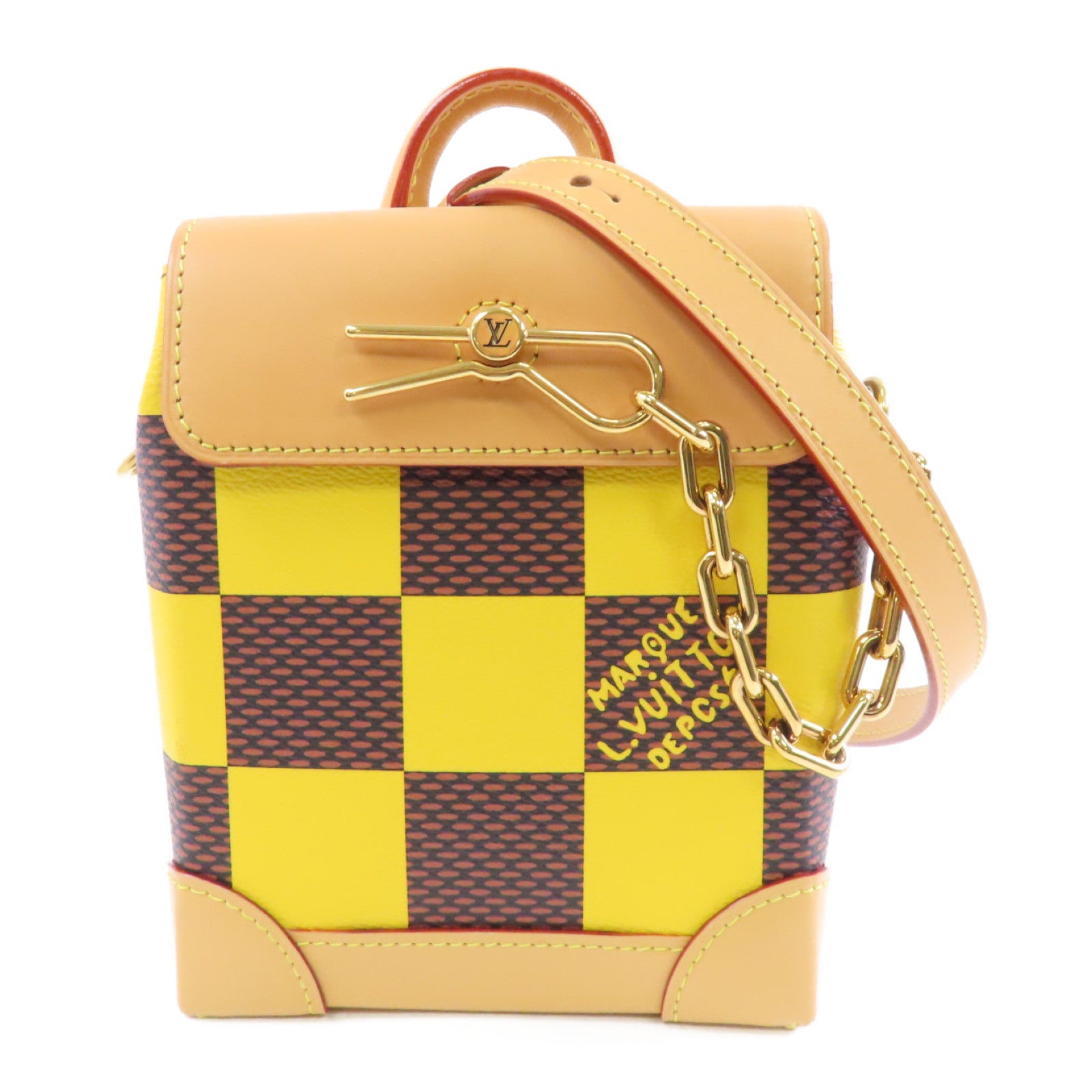 LOUIS VUITTON Damier Pop Nano Steamer金扣手挽肩背兩用袋黃色