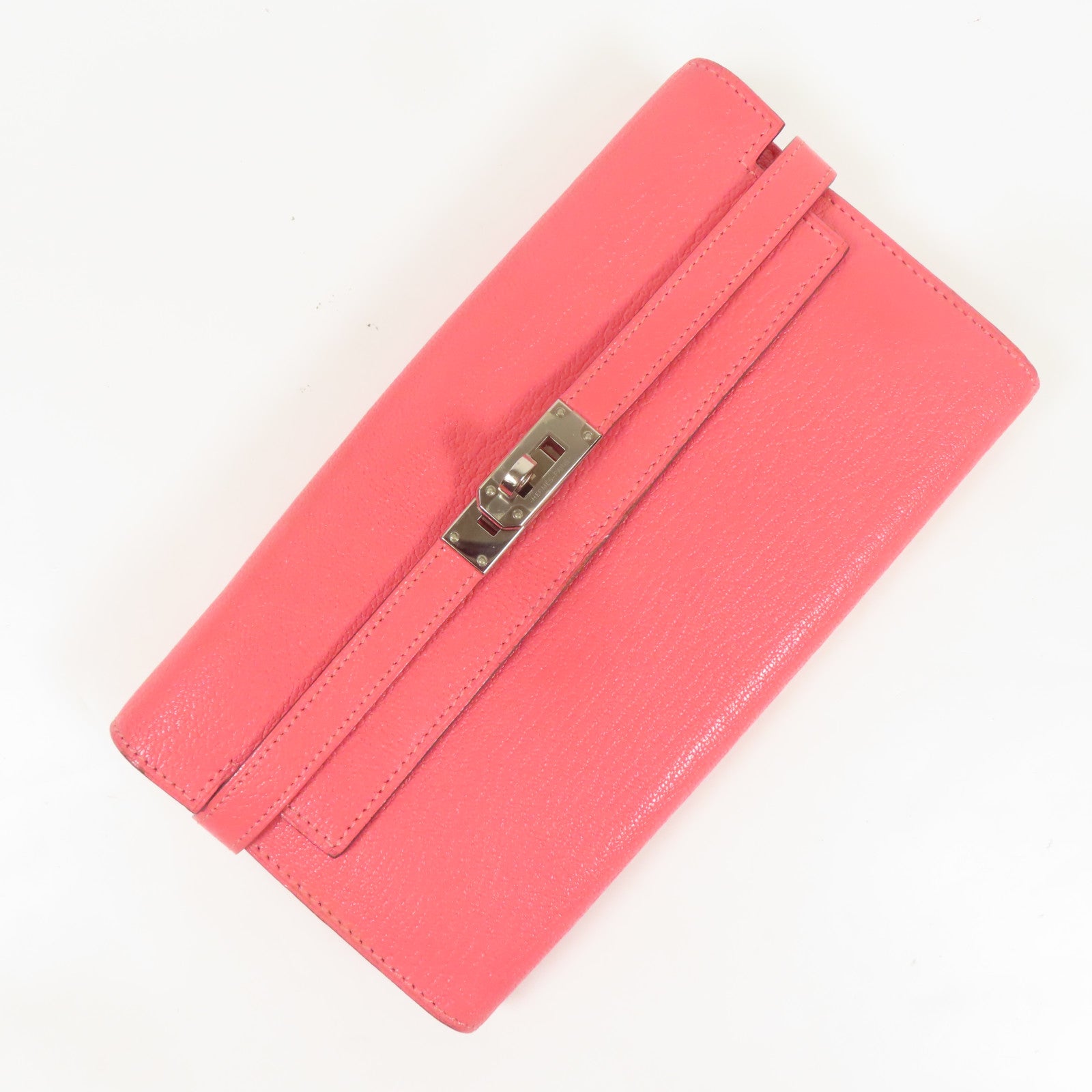 HERMES Chevre皮革Kelly Wallet銀扣長錢包Rose Lipstick