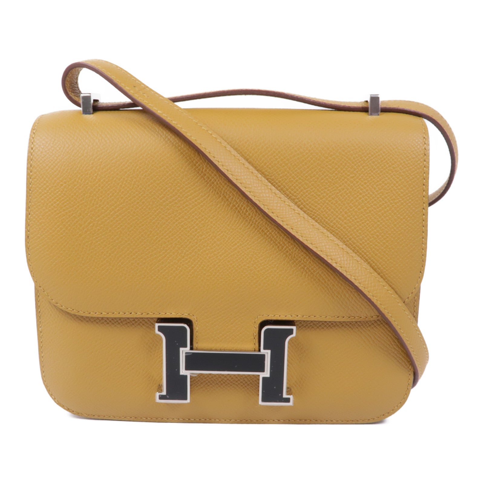 HERMES Epsom皮革Constance Mini銀扣肩背袋Sesame/Noir