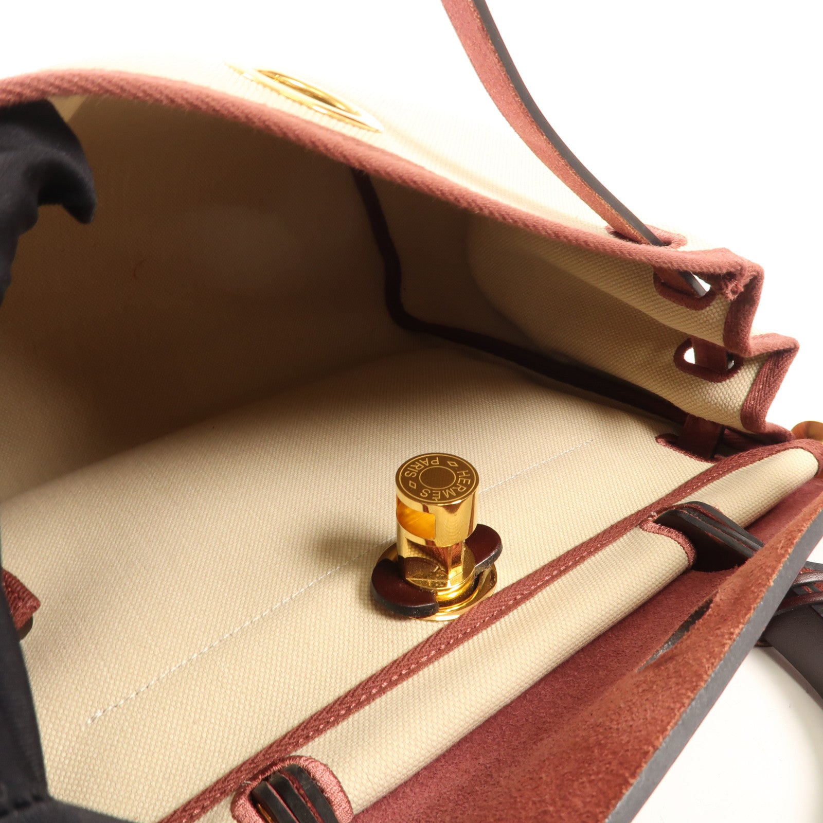 HERMES 帆布Herbag PM金扣肩背袋Beton/Rouge Sellier