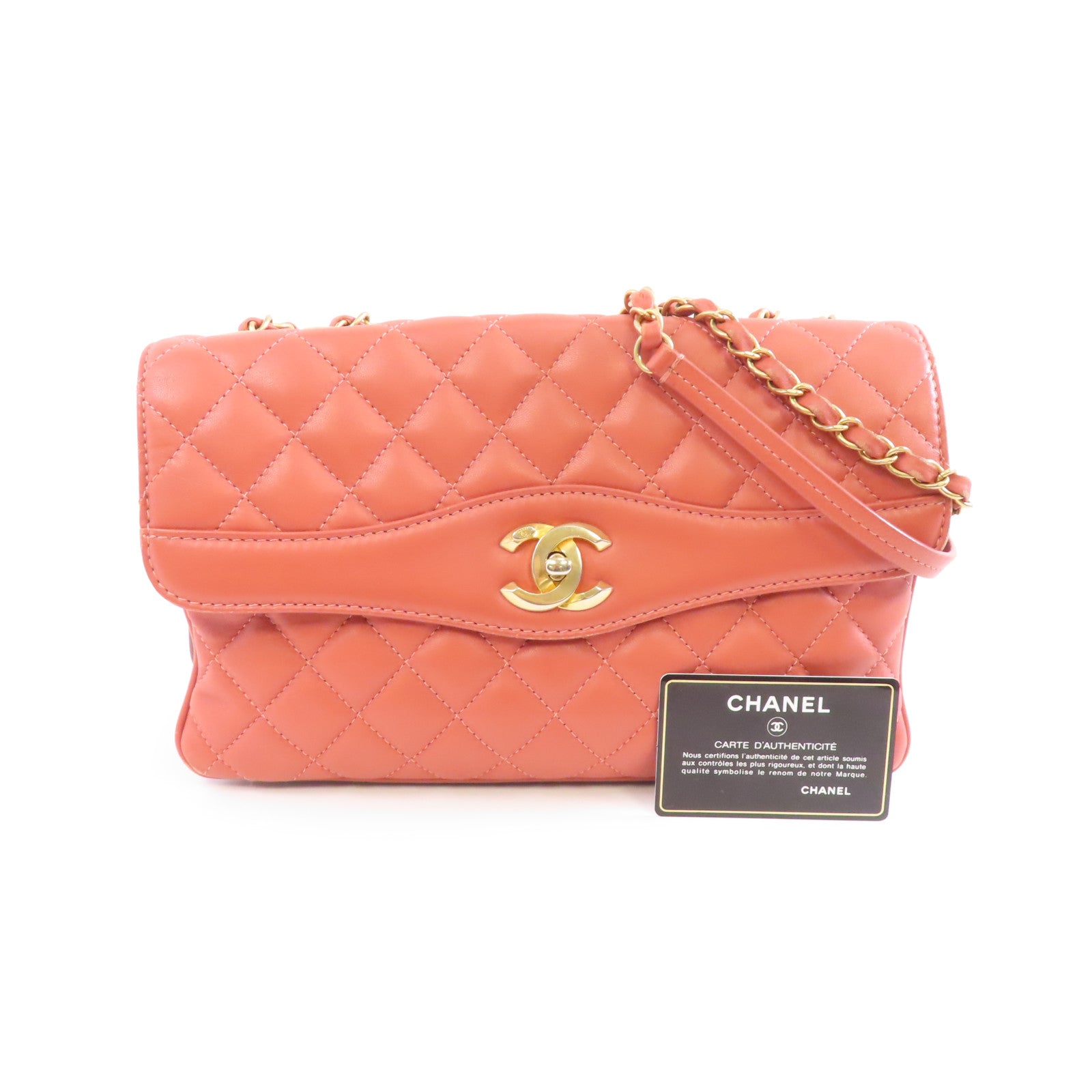 CHANEL 【激減優惠】菱格羊皮皮革Chain Shoulder金扣鏈帶肩背袋鮭魚粉紅