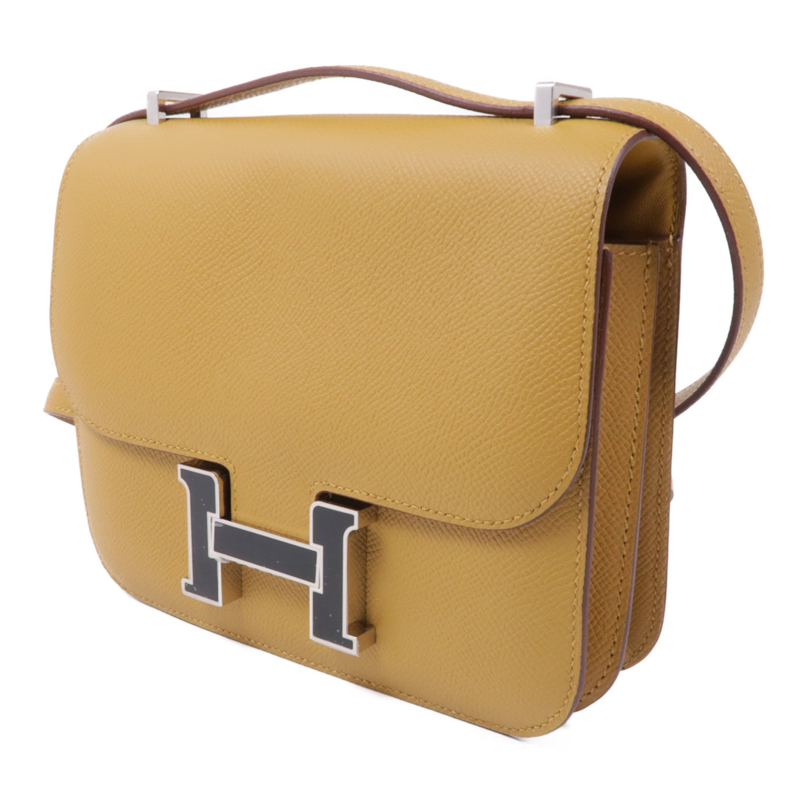 HERMES Epsom皮革Constance Mini銀扣肩背袋Sesame/Noir