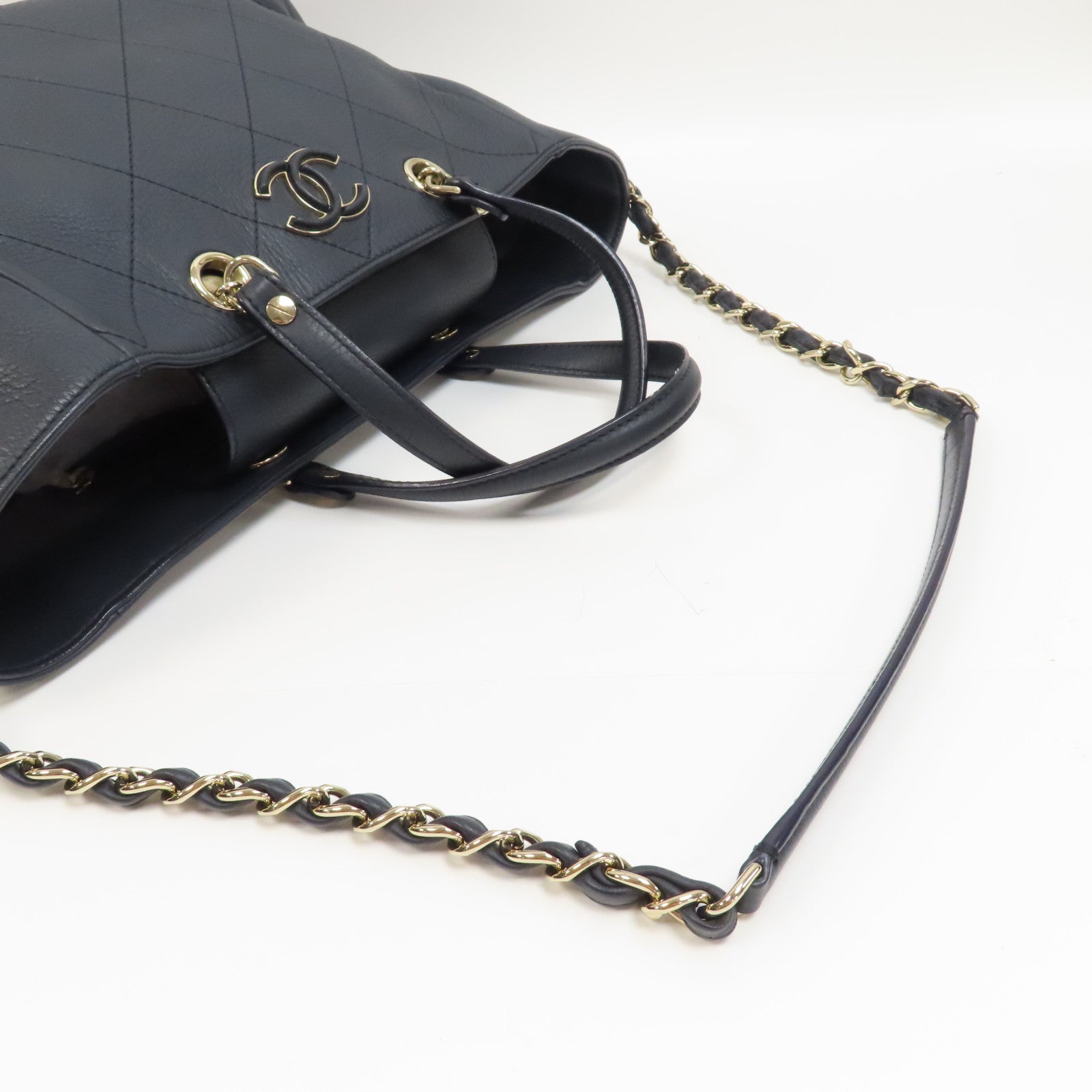 CHANEL 菱格牛皮皮革Shopping Tote銀扣手挽肩背兩用袋深藍色