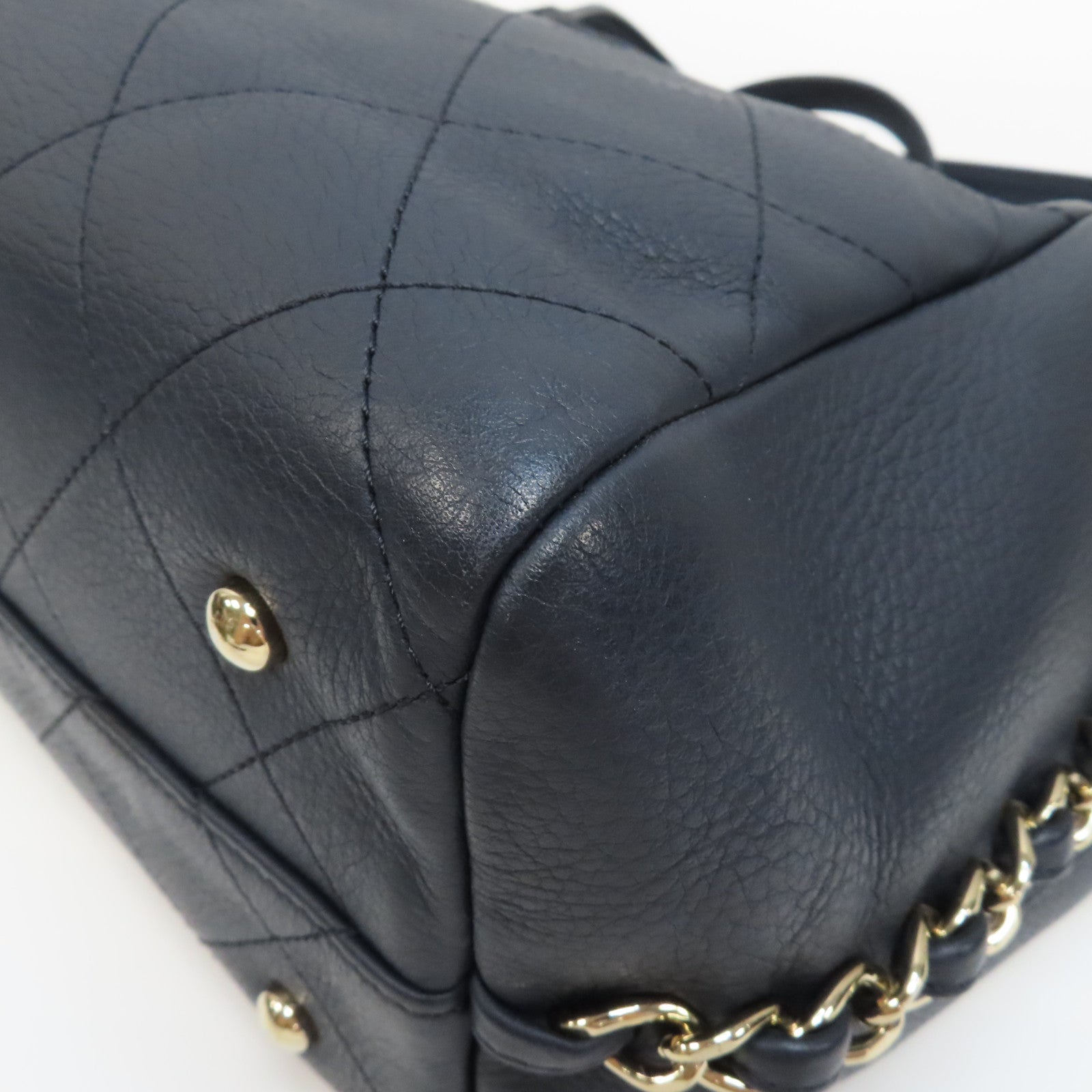 CHANEL 菱格牛皮皮革Shopping Tote銀扣手挽肩背兩用袋深藍色