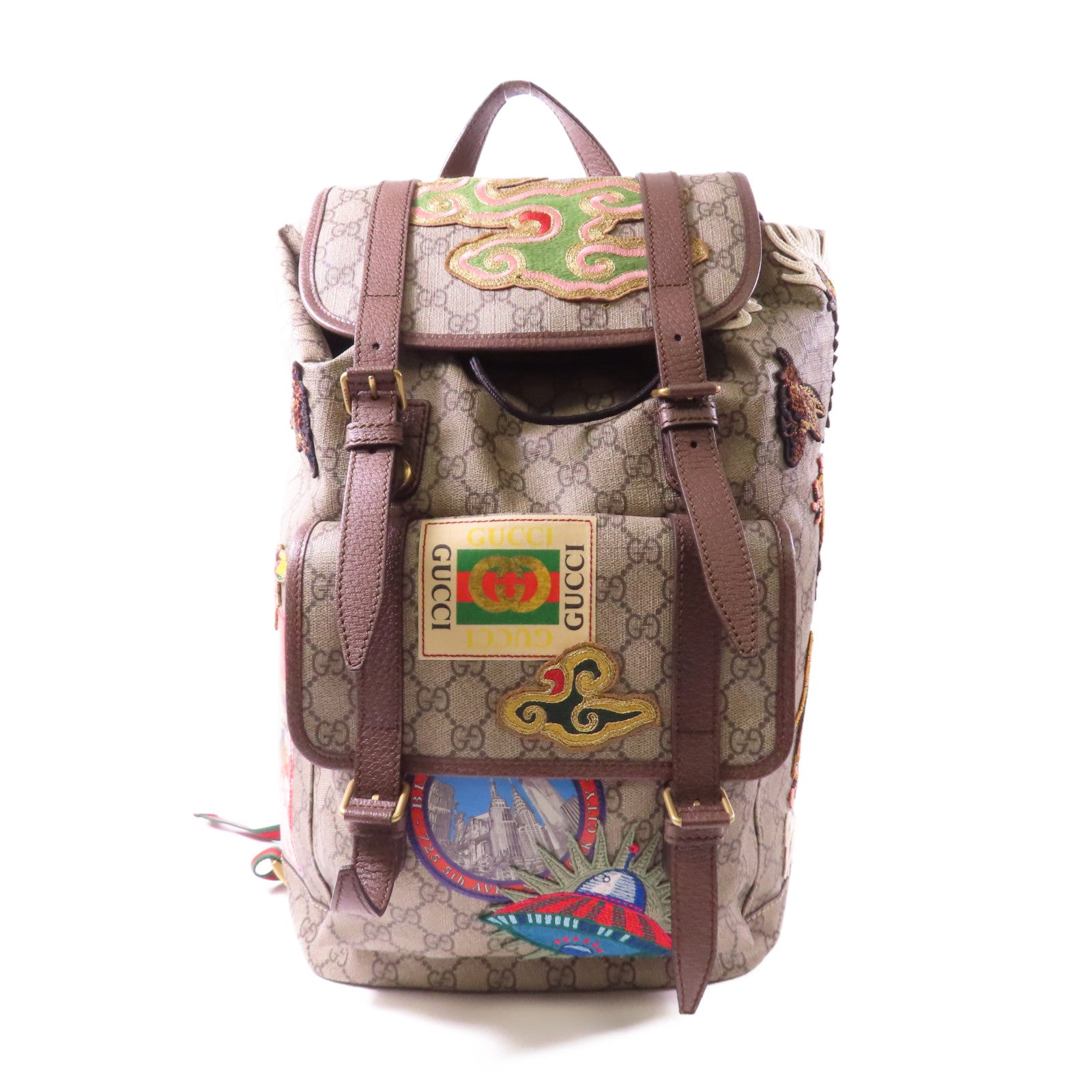 GUCCI 塗層帆布GG Supreme Embroider Rucksack金扣背包啡色
