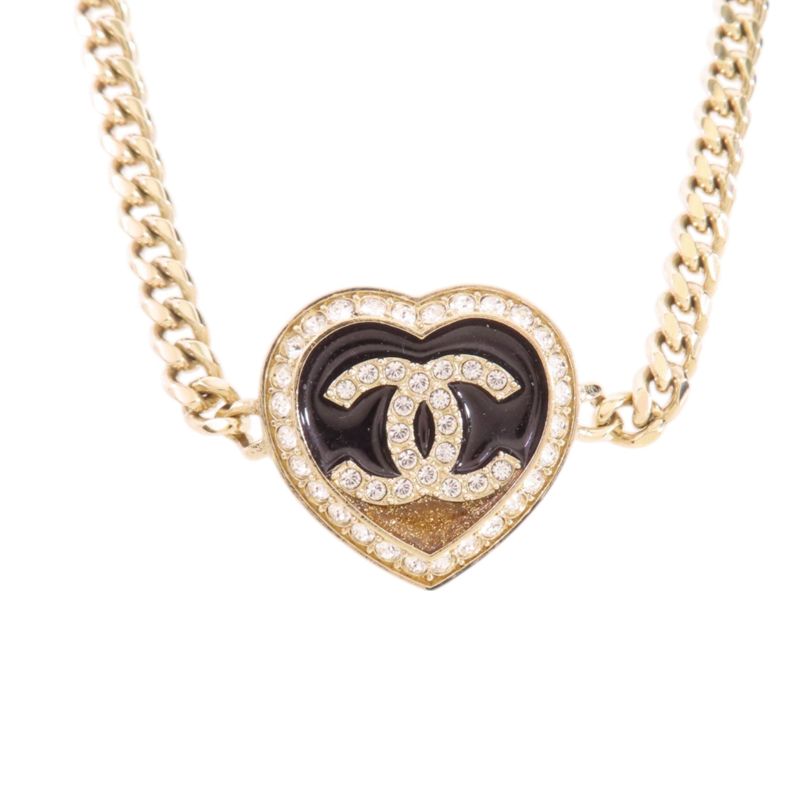 CHANEL 金屬/水鑽Heart Necklace金扣項鏈