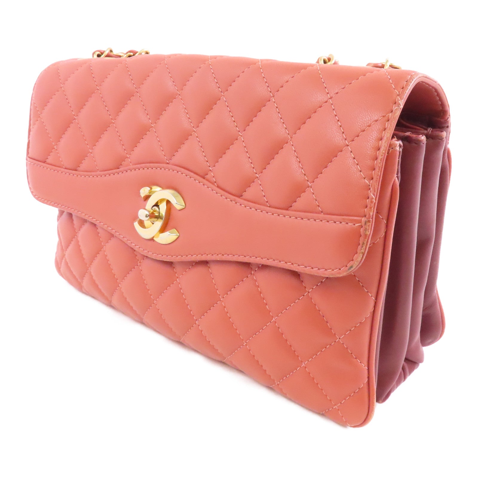 CHANEL 【激減優惠】菱格羊皮皮革Chain Shoulder金扣鏈帶肩背袋鮭魚粉紅