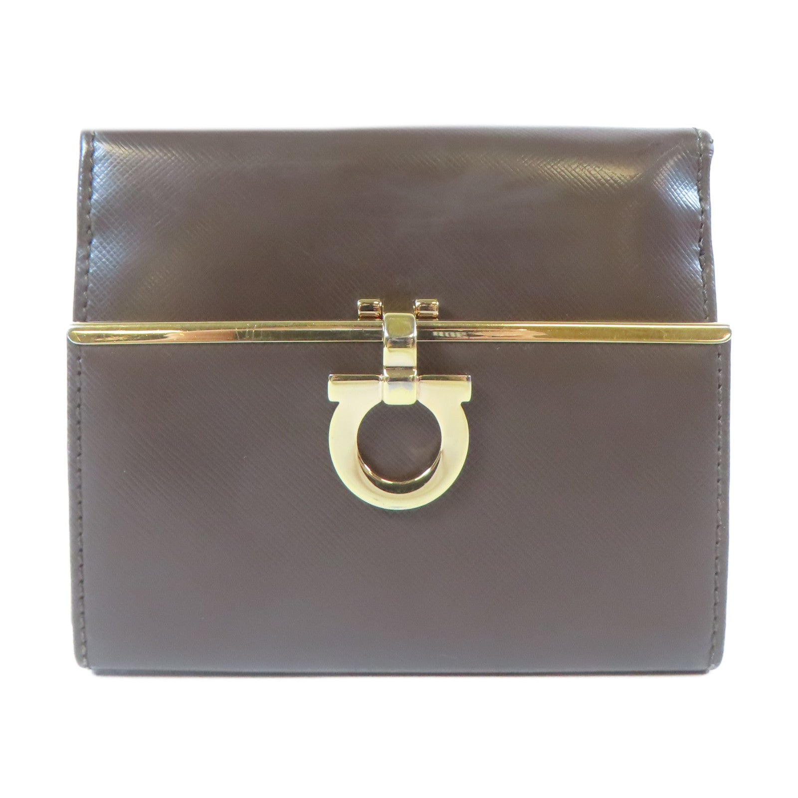 Salvatore Ferragamo 【激減優惠】牛皮皮革Bifold Wallet金扣錢包啡色