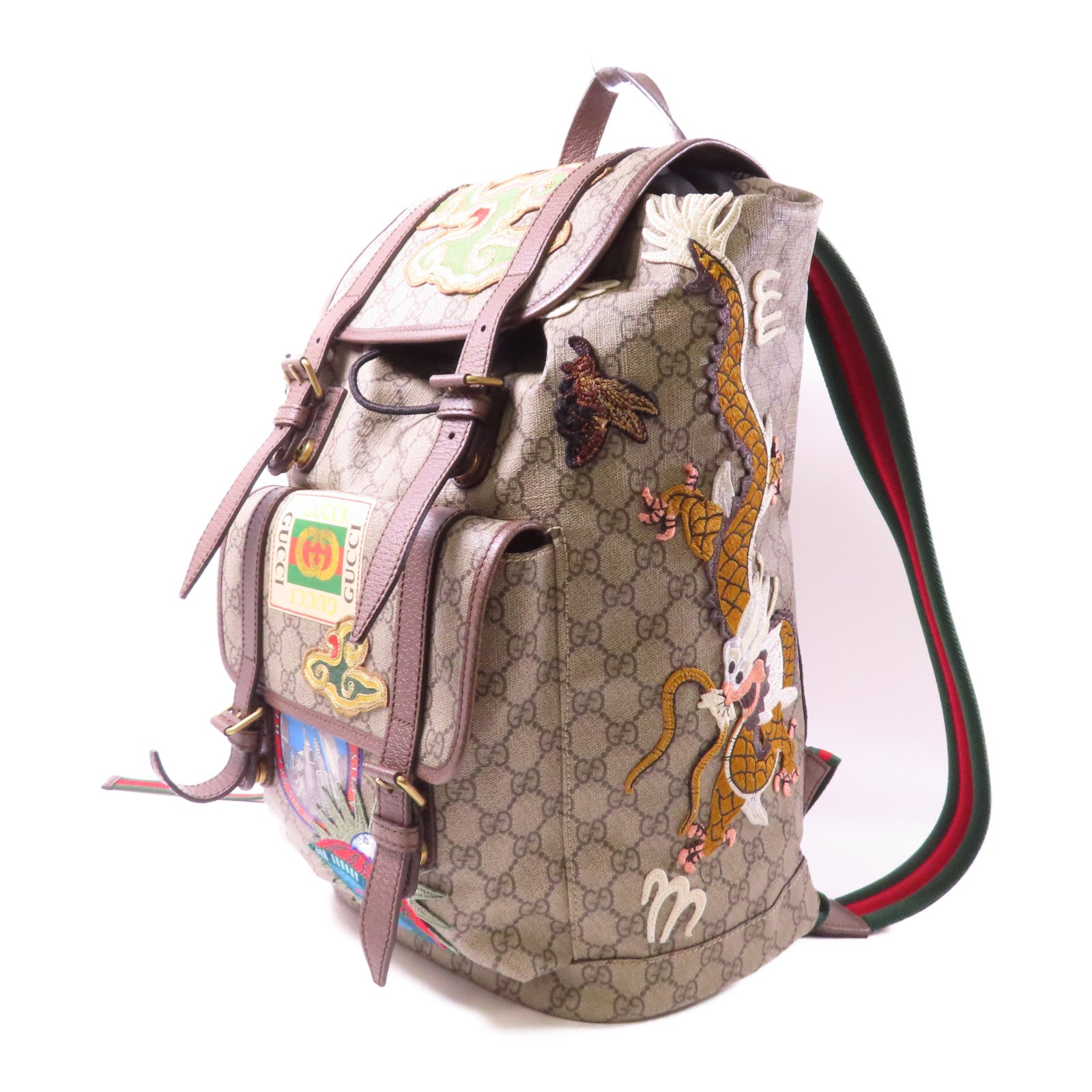 GUCCI 塗層帆布GG Supreme Embroider Rucksack金扣背包啡色
