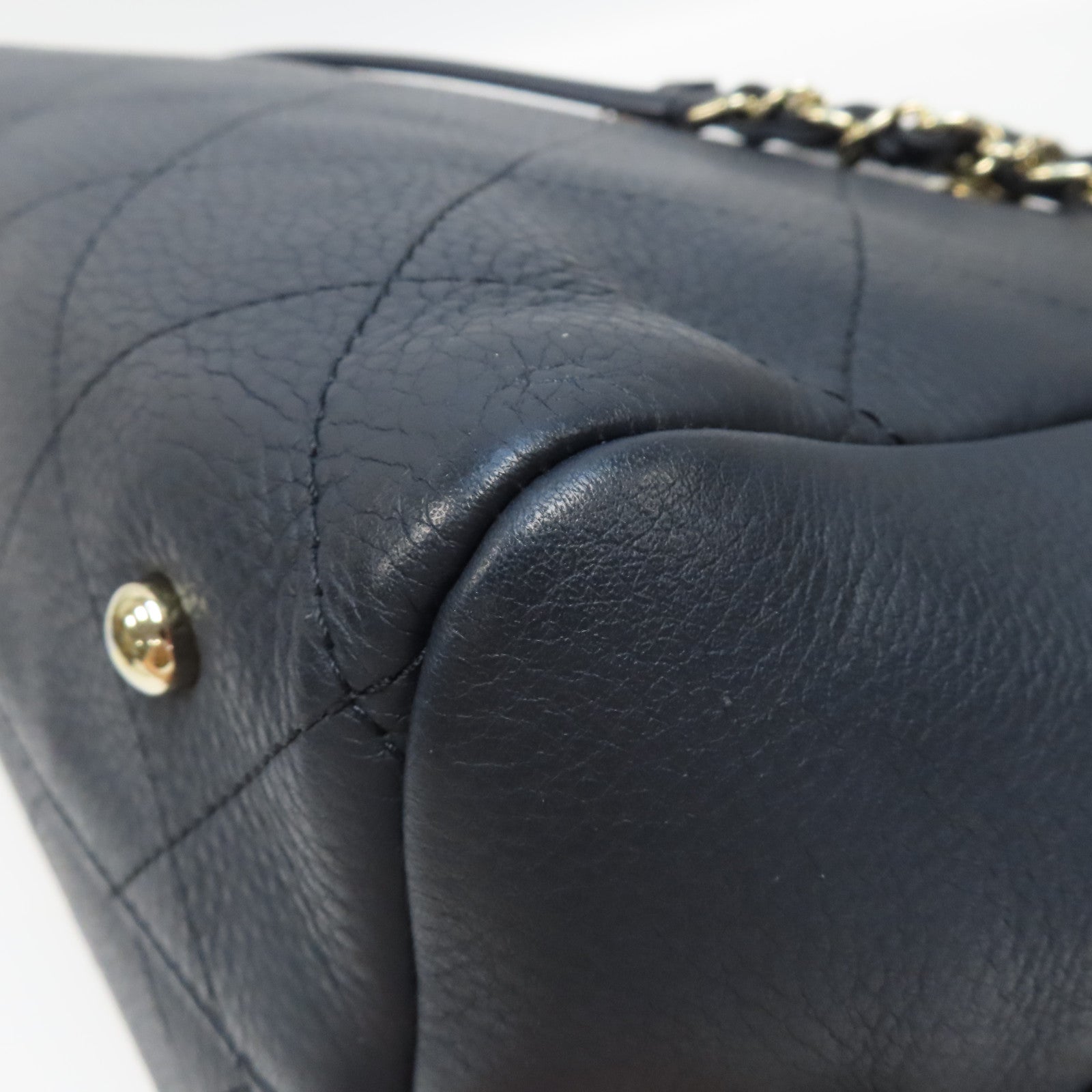 CHANEL 菱格牛皮皮革Shopping Tote銀扣手挽肩背兩用袋深藍色