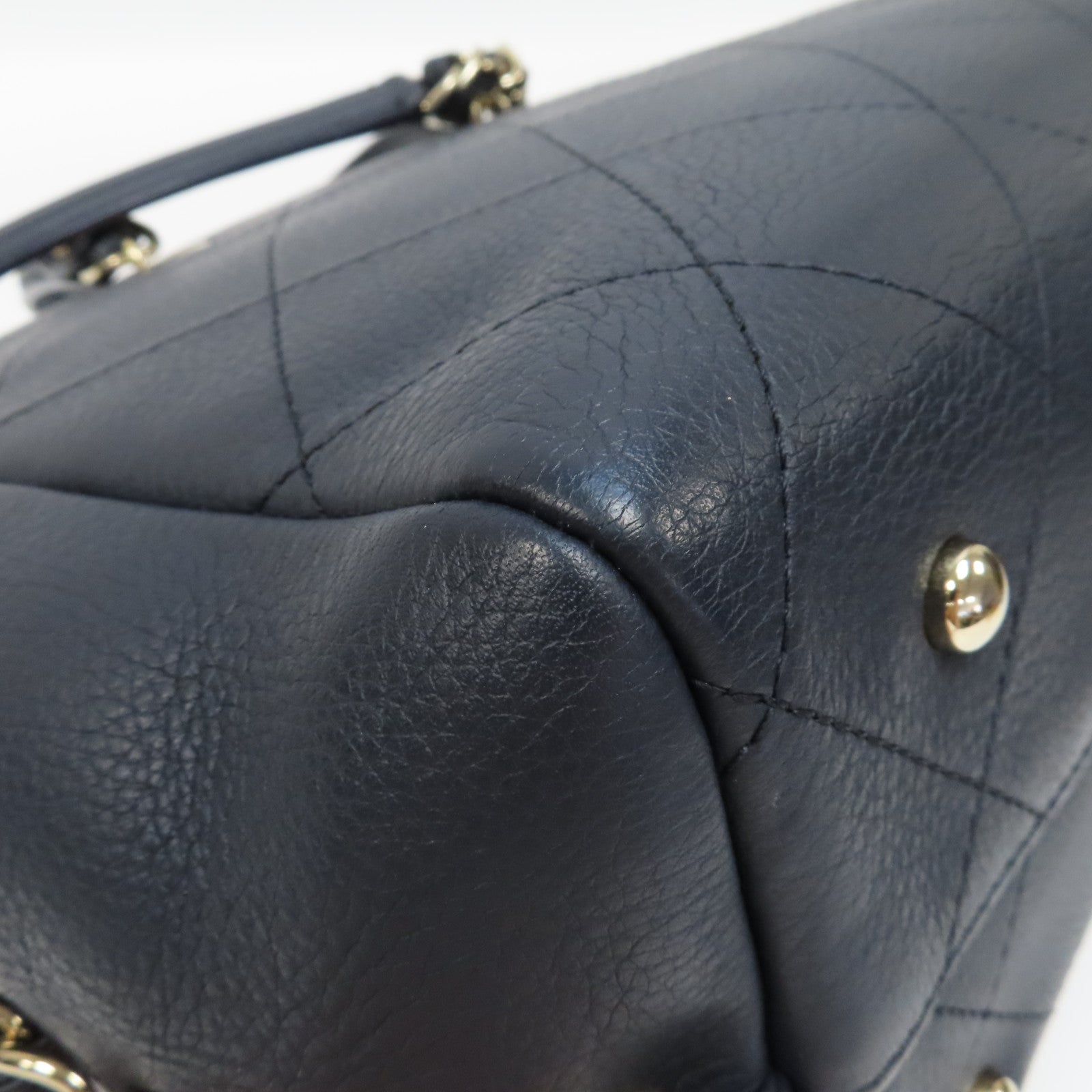 CHANEL 菱格牛皮皮革Shopping Tote銀扣手挽肩背兩用袋深藍色
