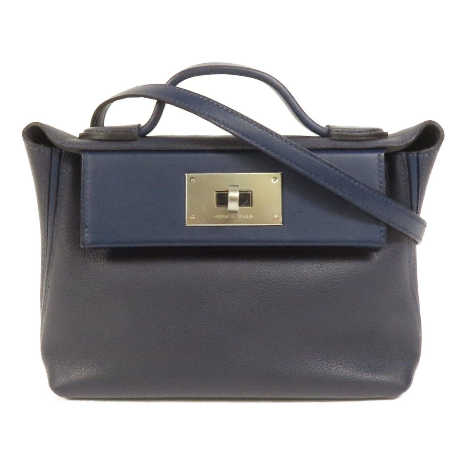 HERMES Clemence皮革24/24 Mini手挽肩背兩用袋Bleu Nuit