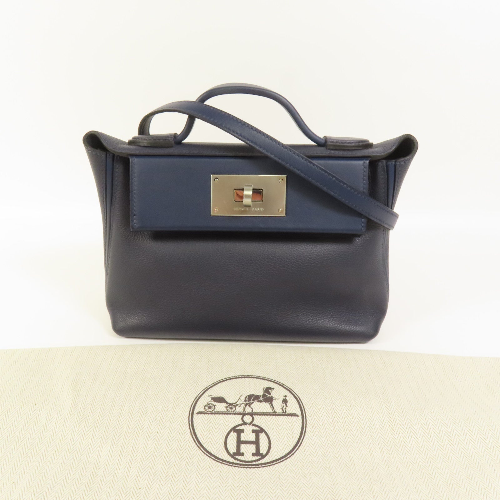 HERMES Clemence皮革24/24 Mini手挽肩背兩用袋Bleu Nuit