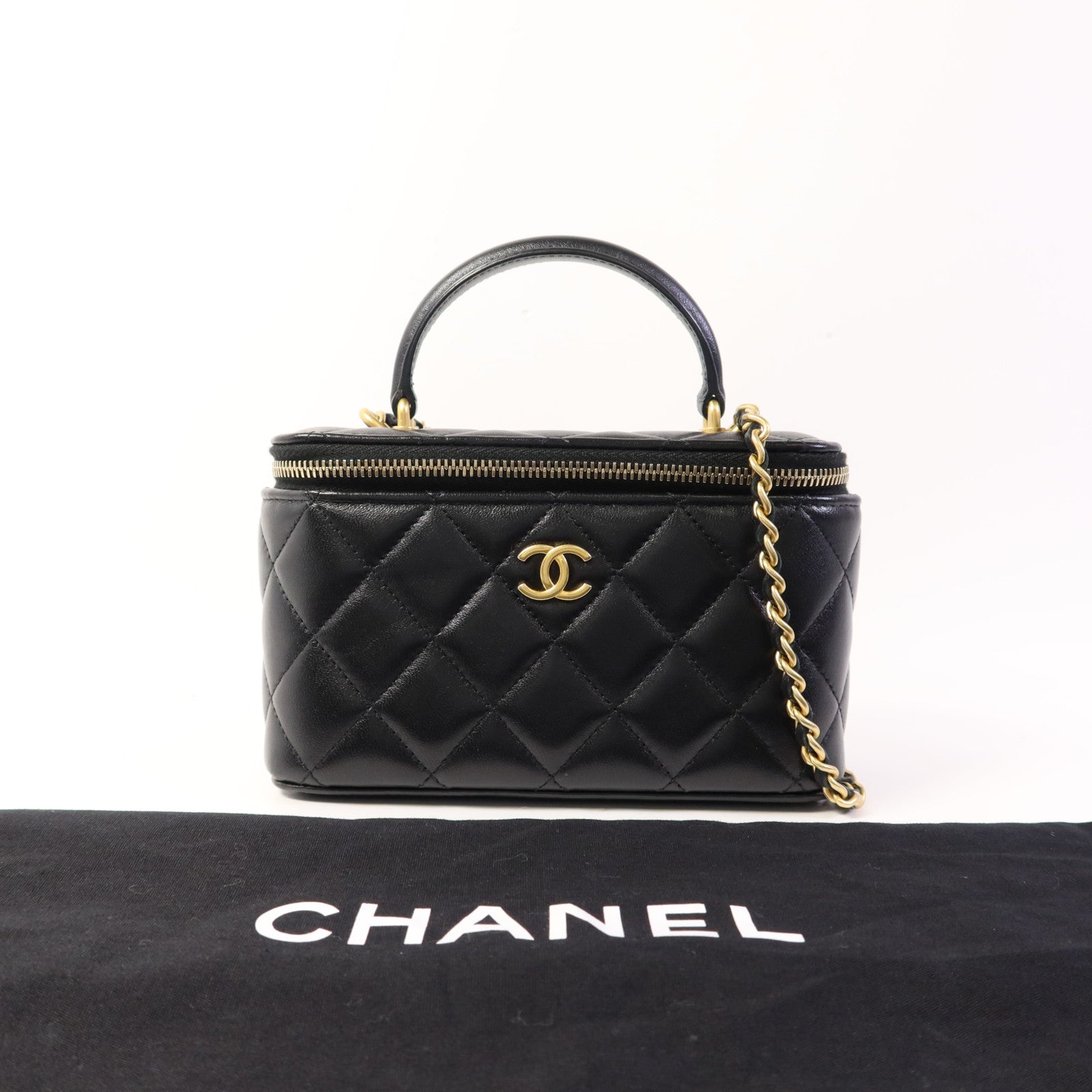 CHANEL 羊皮皮革Vanity Case金扣鏈帶手挽肩背兩用袋