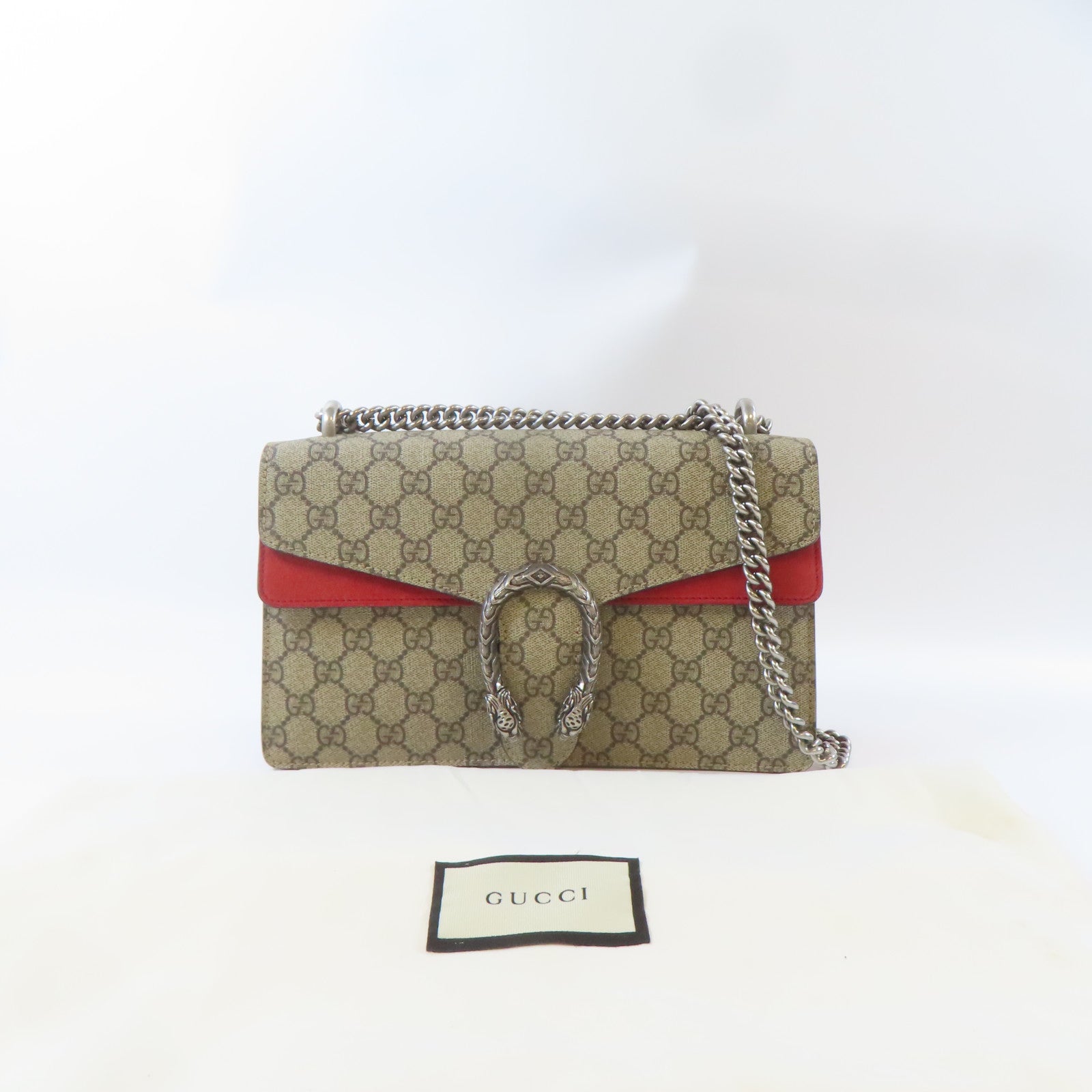 GUCCI 塗層帆布Dionysus GG銀扣鏈帶肩背袋啡色/紅色