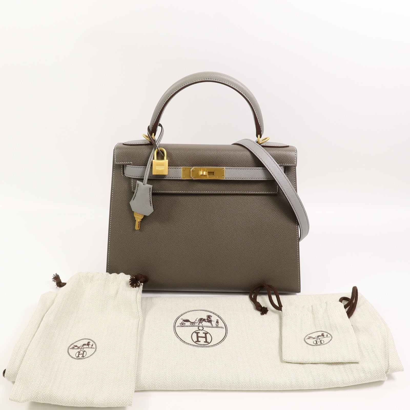 HERMES Epsom皮革Kelly 28 SPO手挽肩背兩用袋Etoupe/Gris Mouette