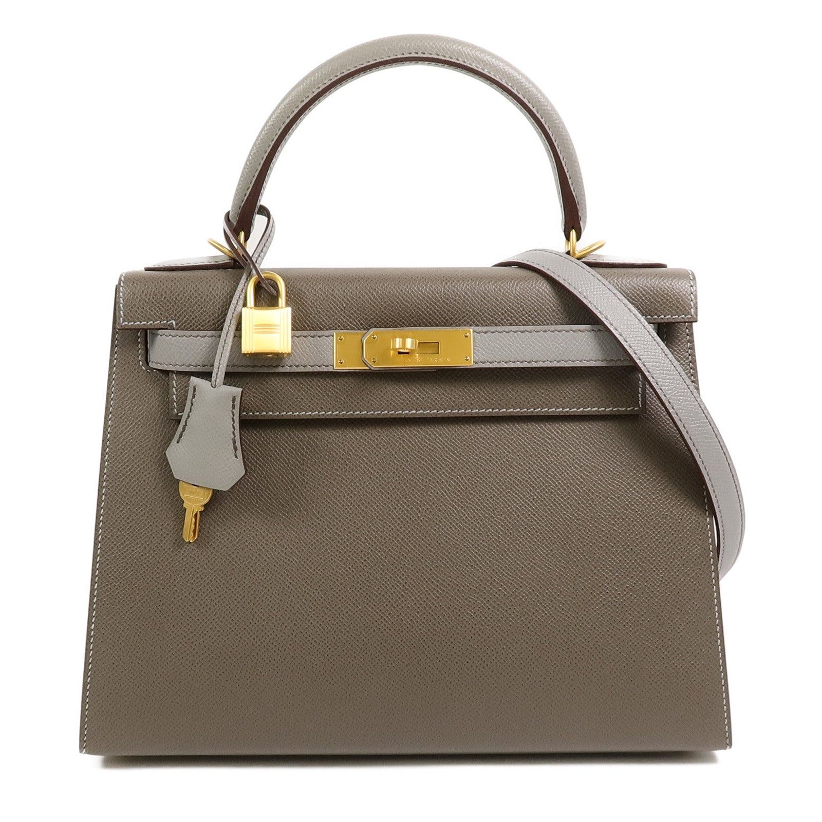 HERMES Epsom皮革Kelly 28 SPO手挽肩背兩用袋Etoupe/Gris Mouette