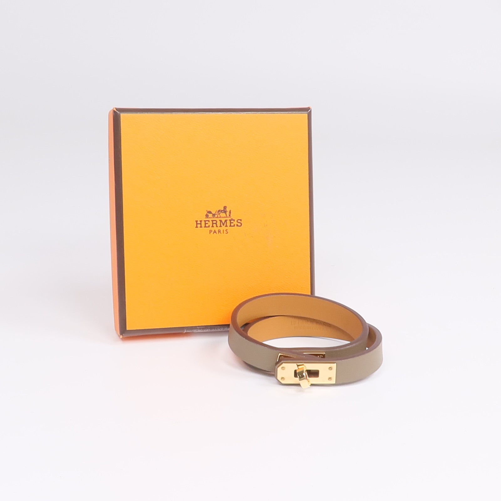 HERMES Swift皮革Kelly Double Tour Bracelet金扣手鏈Etain