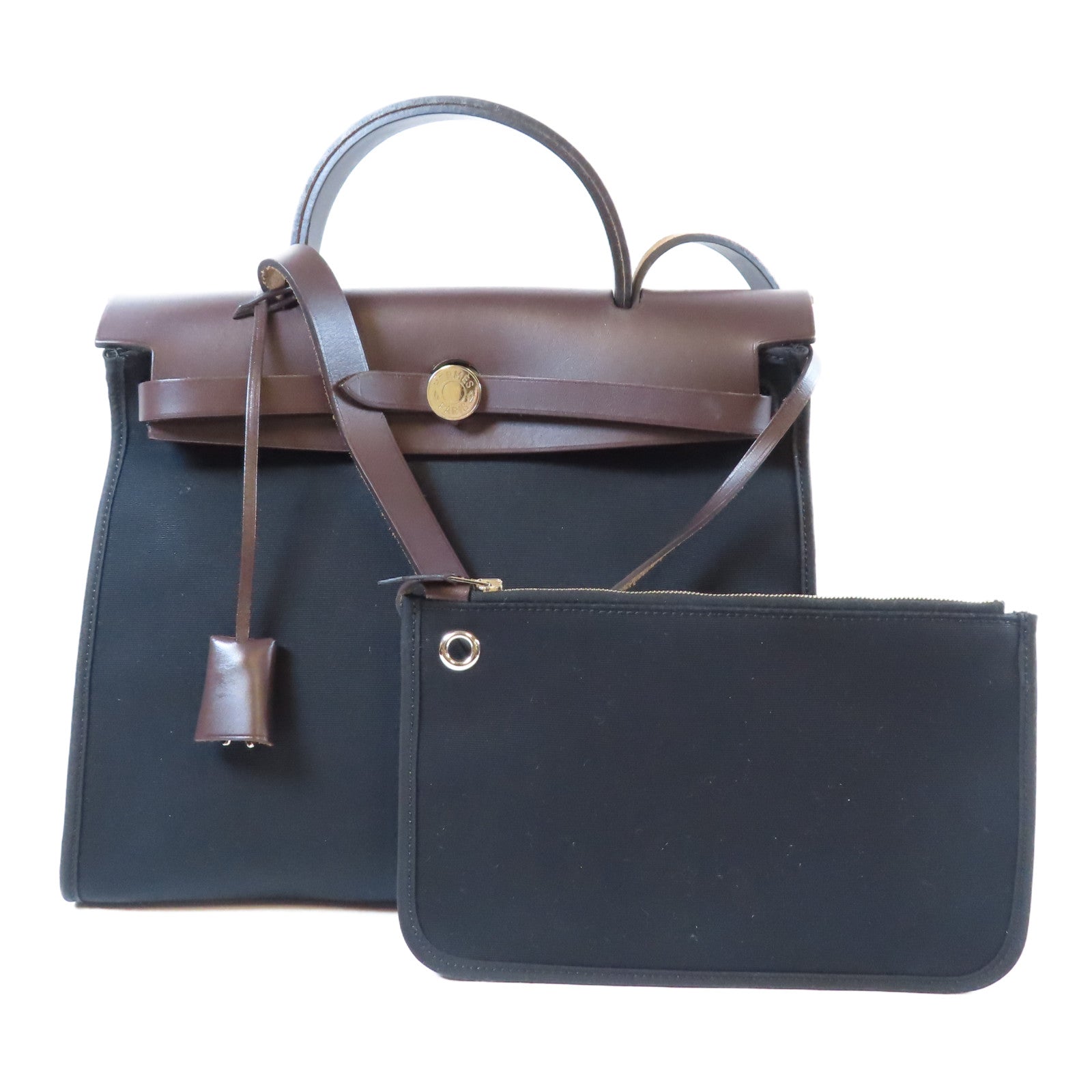 HERMES 【激減優惠】帆布/皮革Herbag PM銀扣手挽肩背兩用袋啡色/黑色