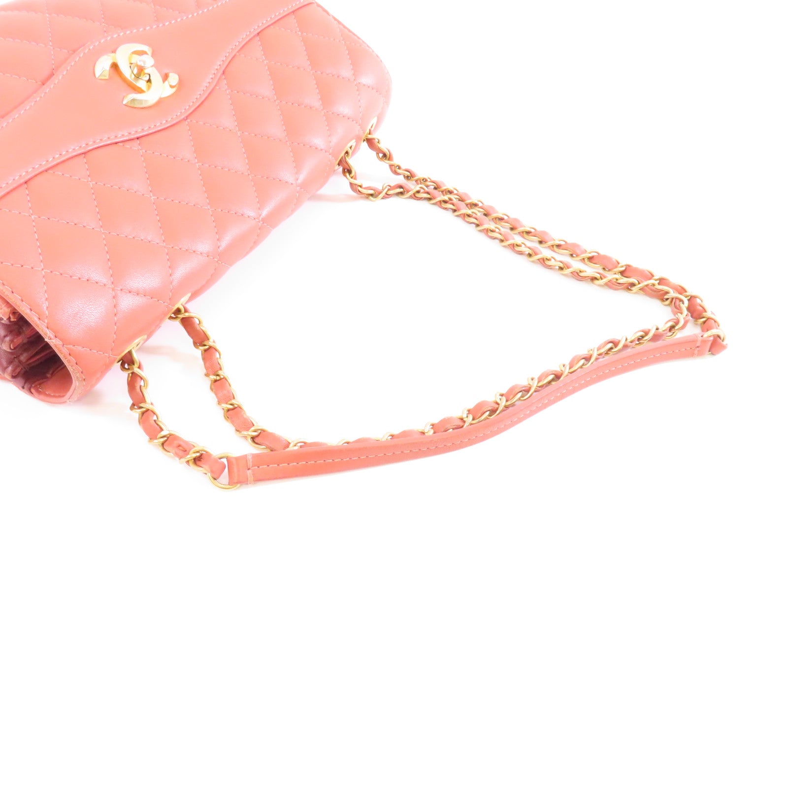 CHANEL 【激減優惠】菱格羊皮皮革Chain Shoulder金扣鏈帶肩背袋鮭魚粉紅