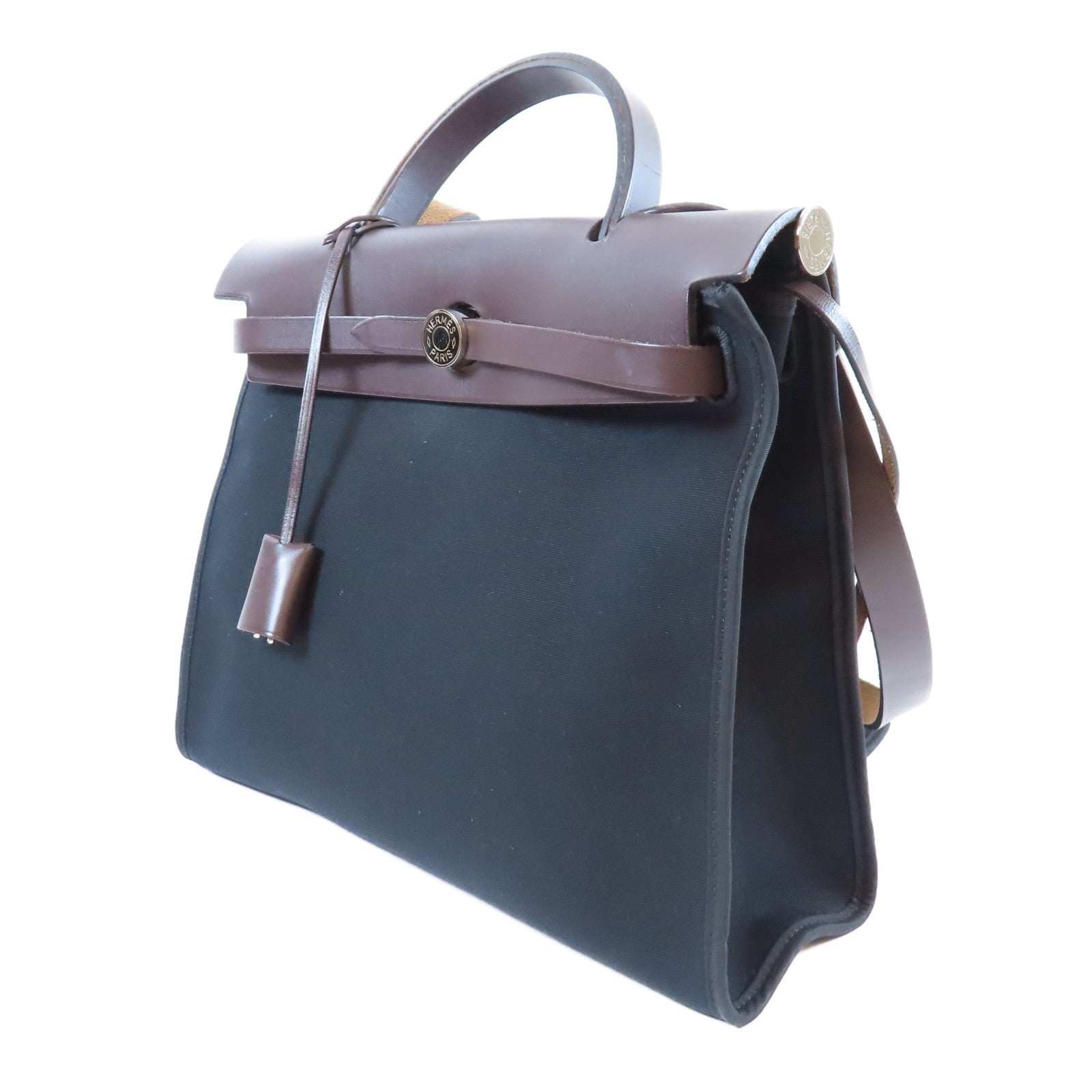 HERMES 【激減優惠】帆布/皮革Herbag PM銀扣手挽肩背兩用袋啡色/黑色