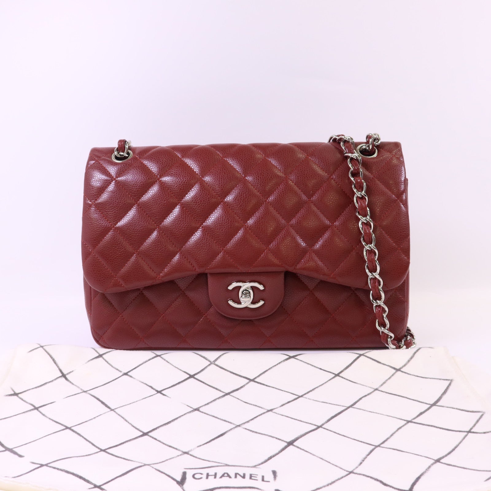 CHANEL 牛皮皮革Large Classic銀扣鏈帶肩背袋