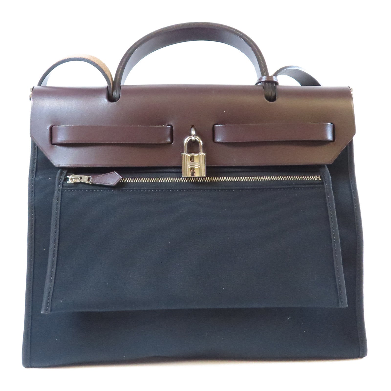 HERMES 【激減優惠】帆布/皮革Herbag PM銀扣手挽肩背兩用袋啡色/黑色