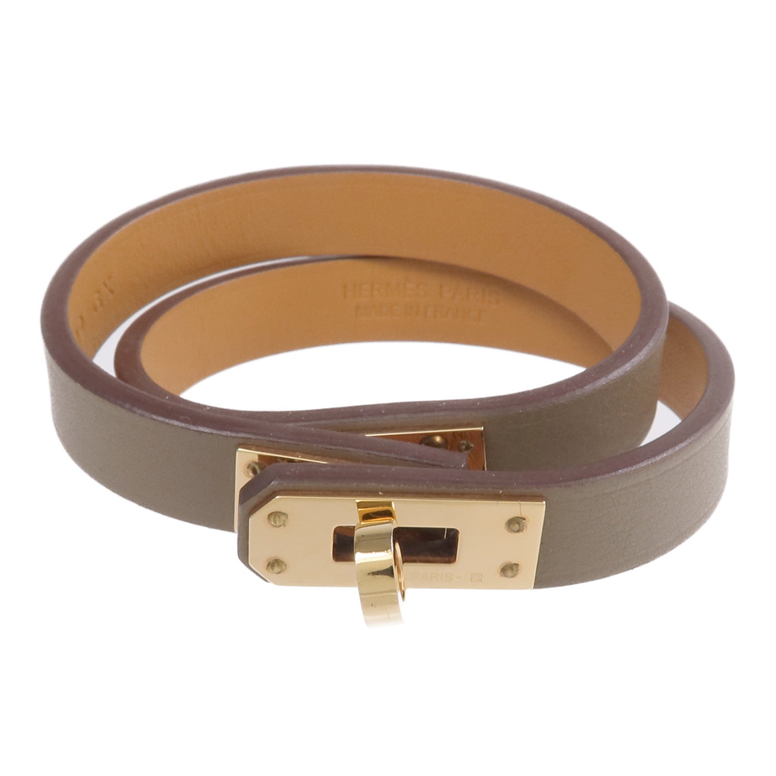 HERMES Swift皮革Kelly Double Tour Bracelet金扣手鏈Etain