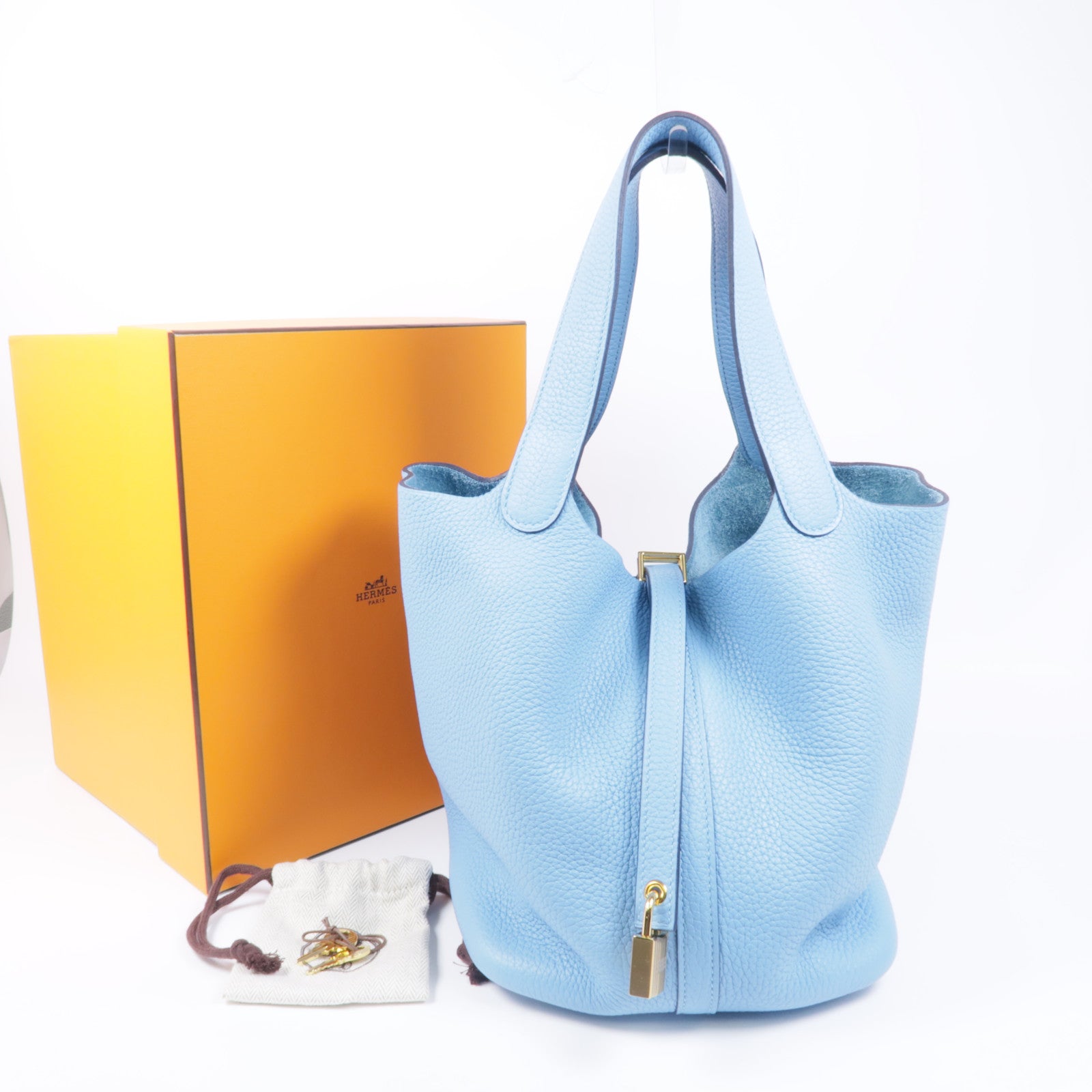 HERMES Clemence皮革Picotin MM金扣手挽袋Bleu Du Nord