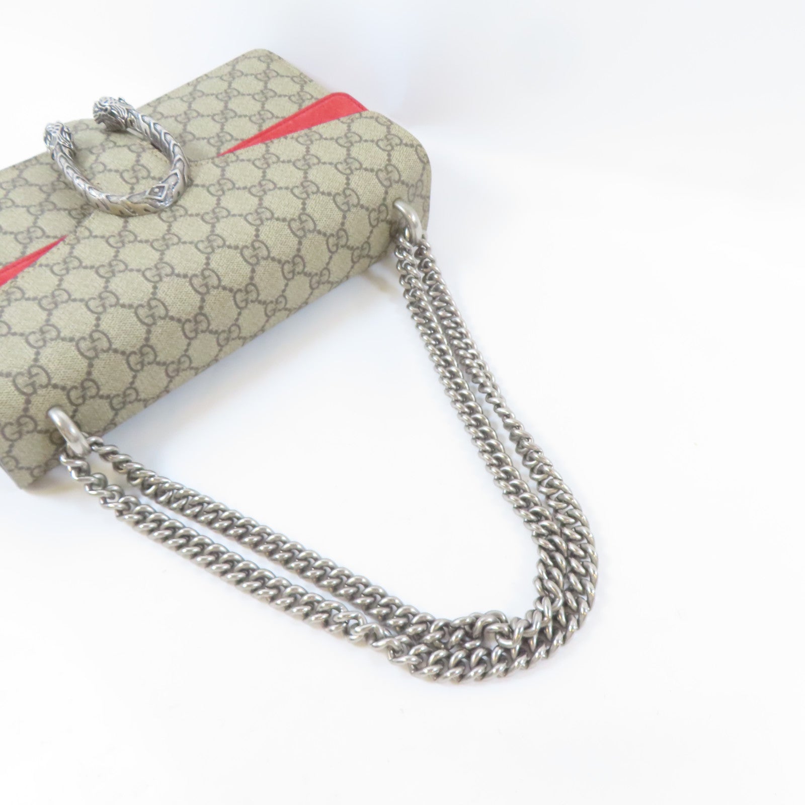 GUCCI 塗層帆布Dionysus GG銀扣鏈帶肩背袋啡色/紅色