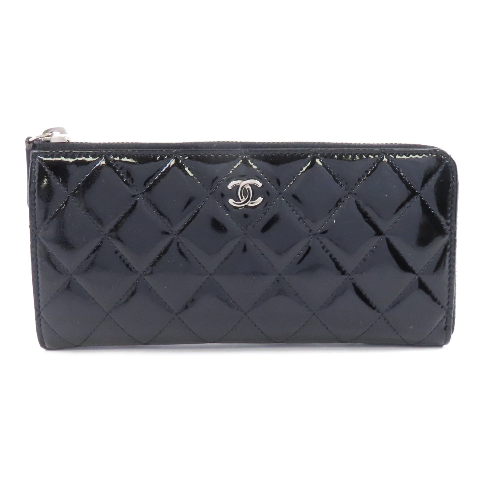CHANEL 菱格漆皮皮革Wallet銀扣長錢包黑色