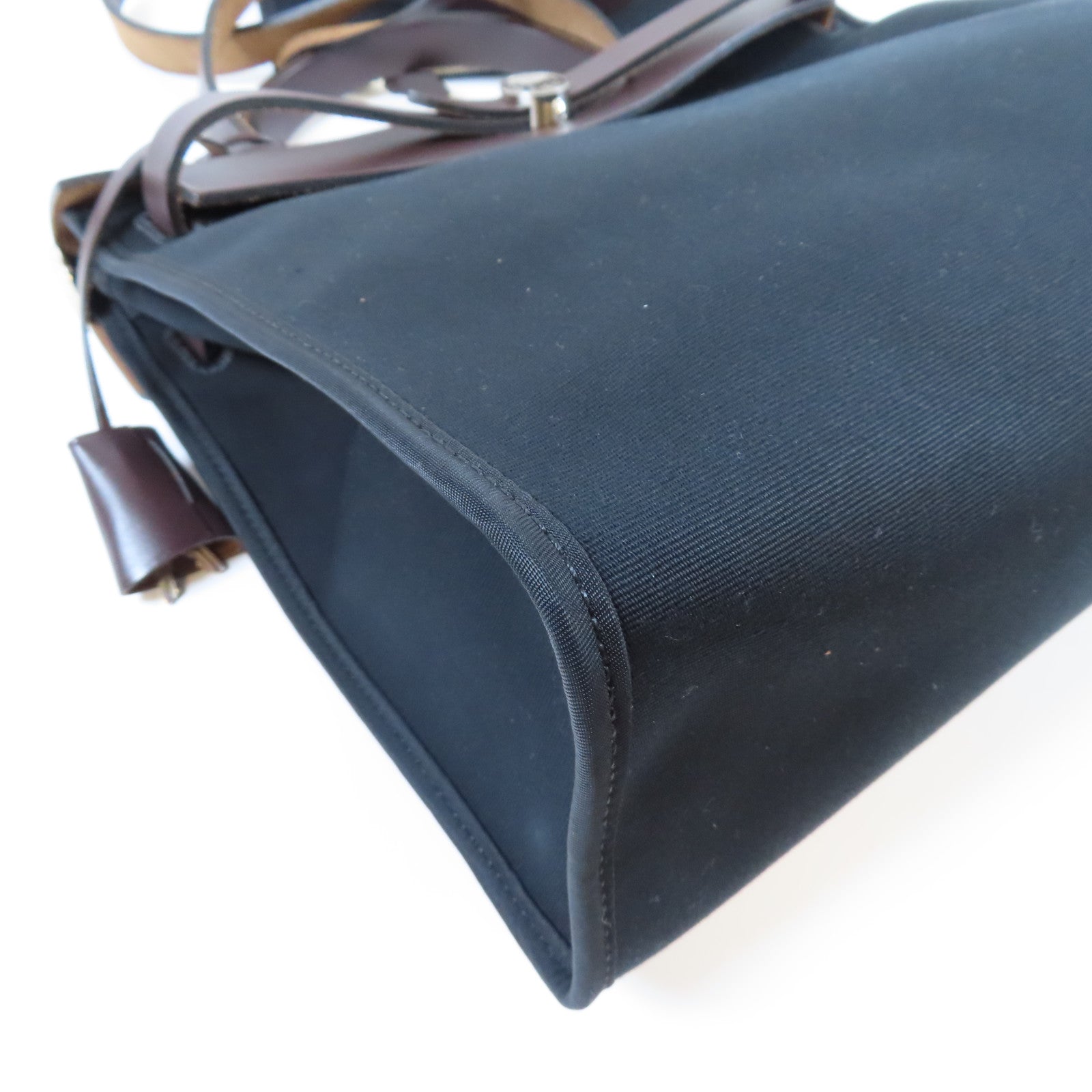 HERMES 【激減優惠】帆布/皮革Herbag PM銀扣手挽肩背兩用袋啡色/黑色