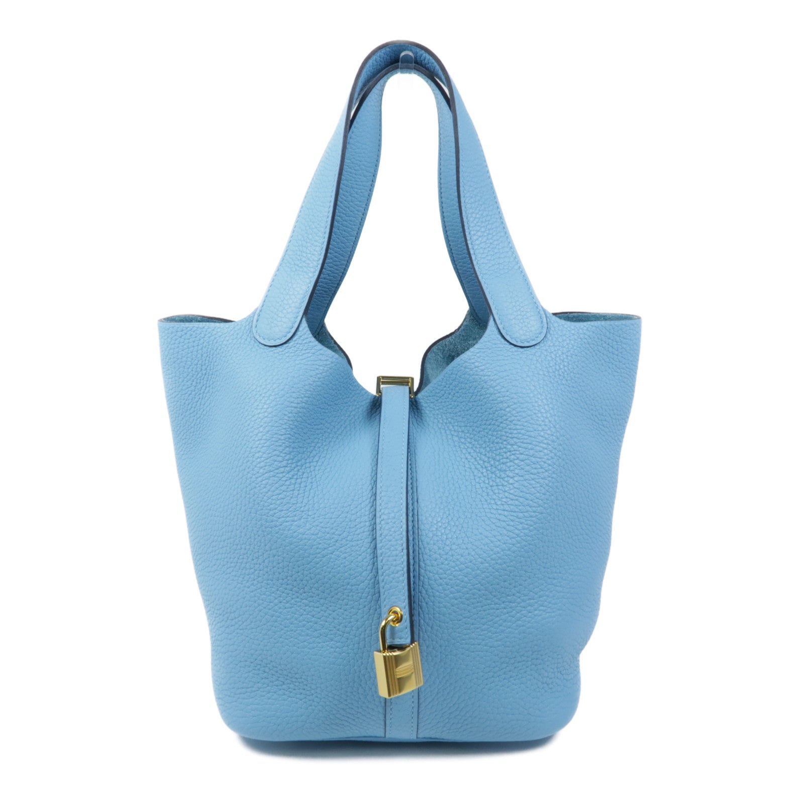 HERMES Clemence皮革Picotin MM金扣手挽袋Bleu Du Nord