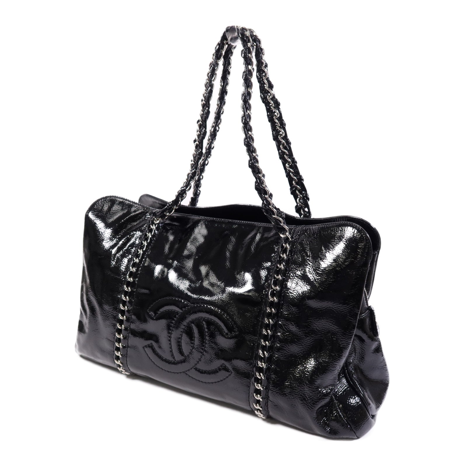 CHANEL 漆皮皮革Shoulder Bag銀扣鏈帶肩背袋