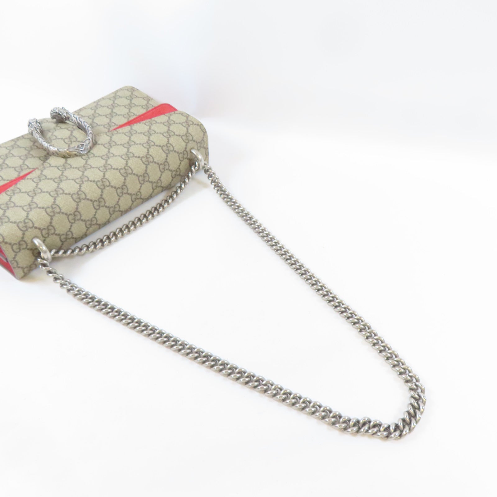 GUCCI 塗層帆布Dionysus GG銀扣鏈帶肩背袋啡色/紅色