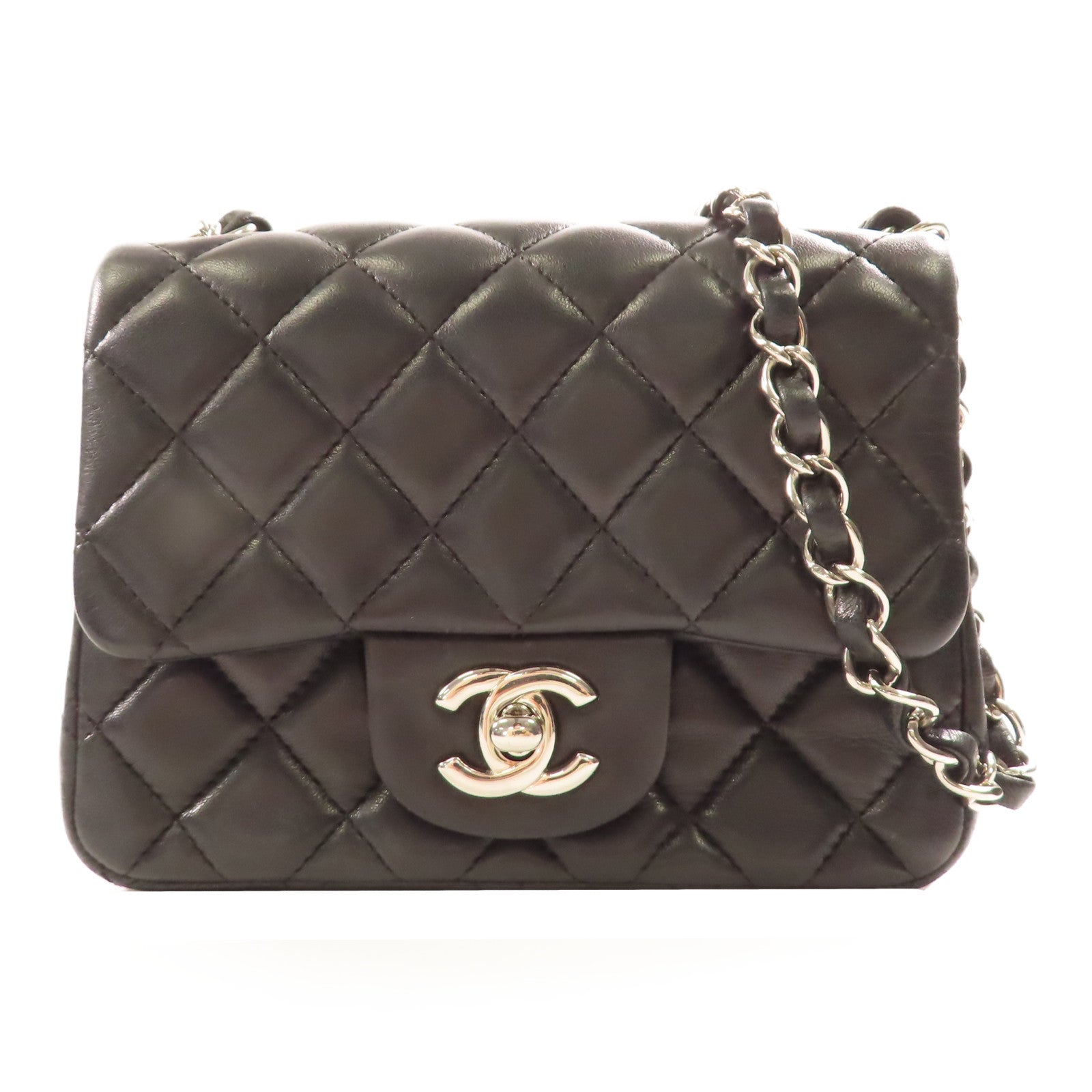 CHANEL 羊皮皮革Mini Classic 17銀扣肩背袋黑色