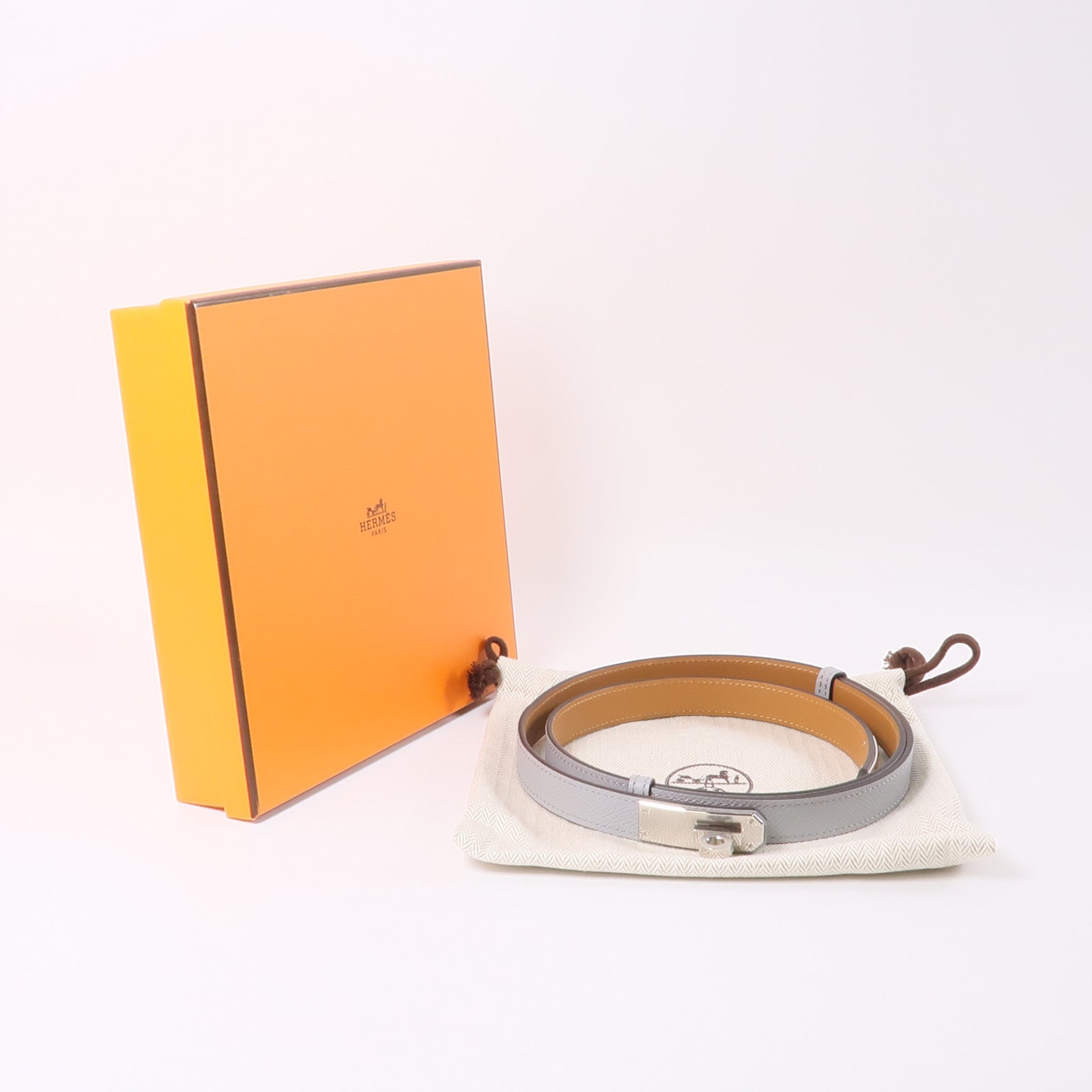 HERMES Epsom皮革Kelly 18 Belt銀扣皮帶Gris Platine灰色