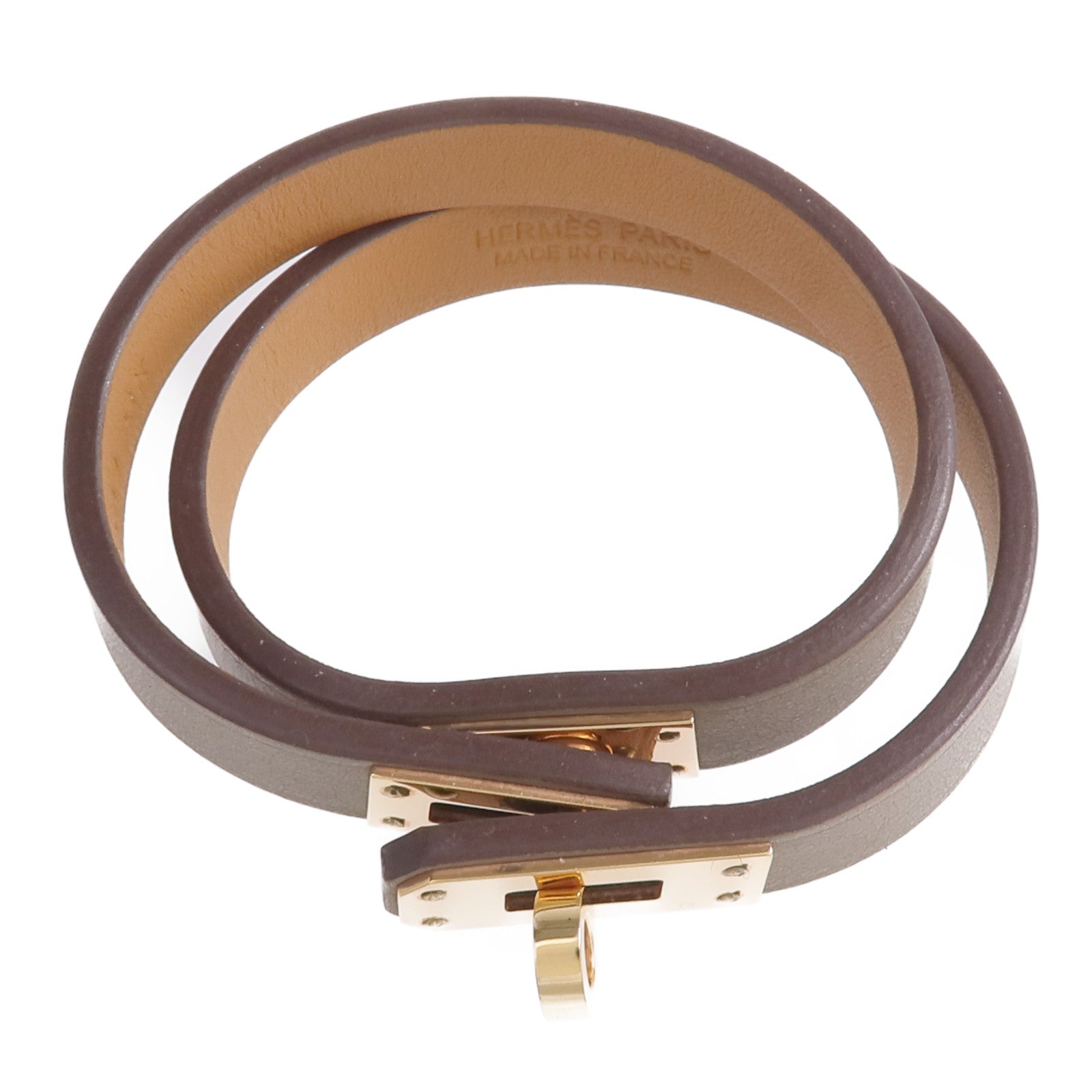 HERMES Swift皮革Kelly Double Tour Bracelet金扣手鏈Etain