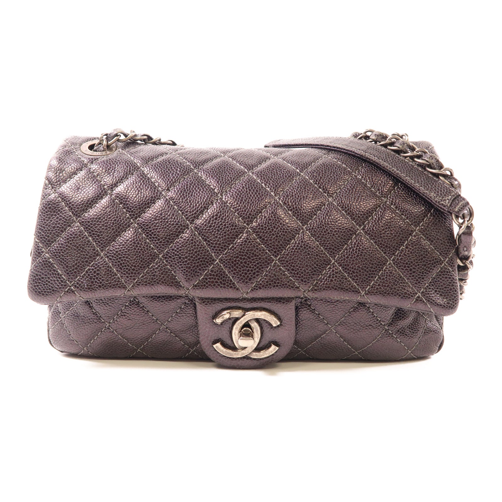 CHANEL 牛皮皮革Chain Shoulder銀扣肩背袋