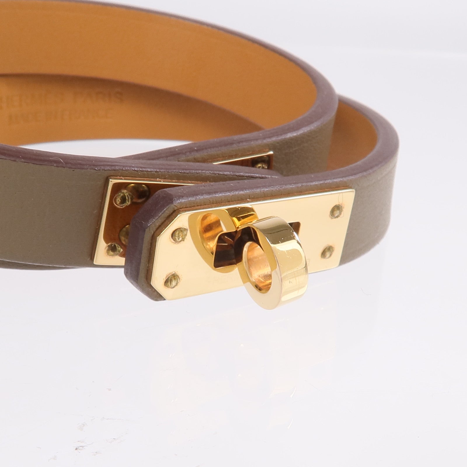 HERMES Swift皮革Kelly Double Tour Bracelet金扣手鏈Etain